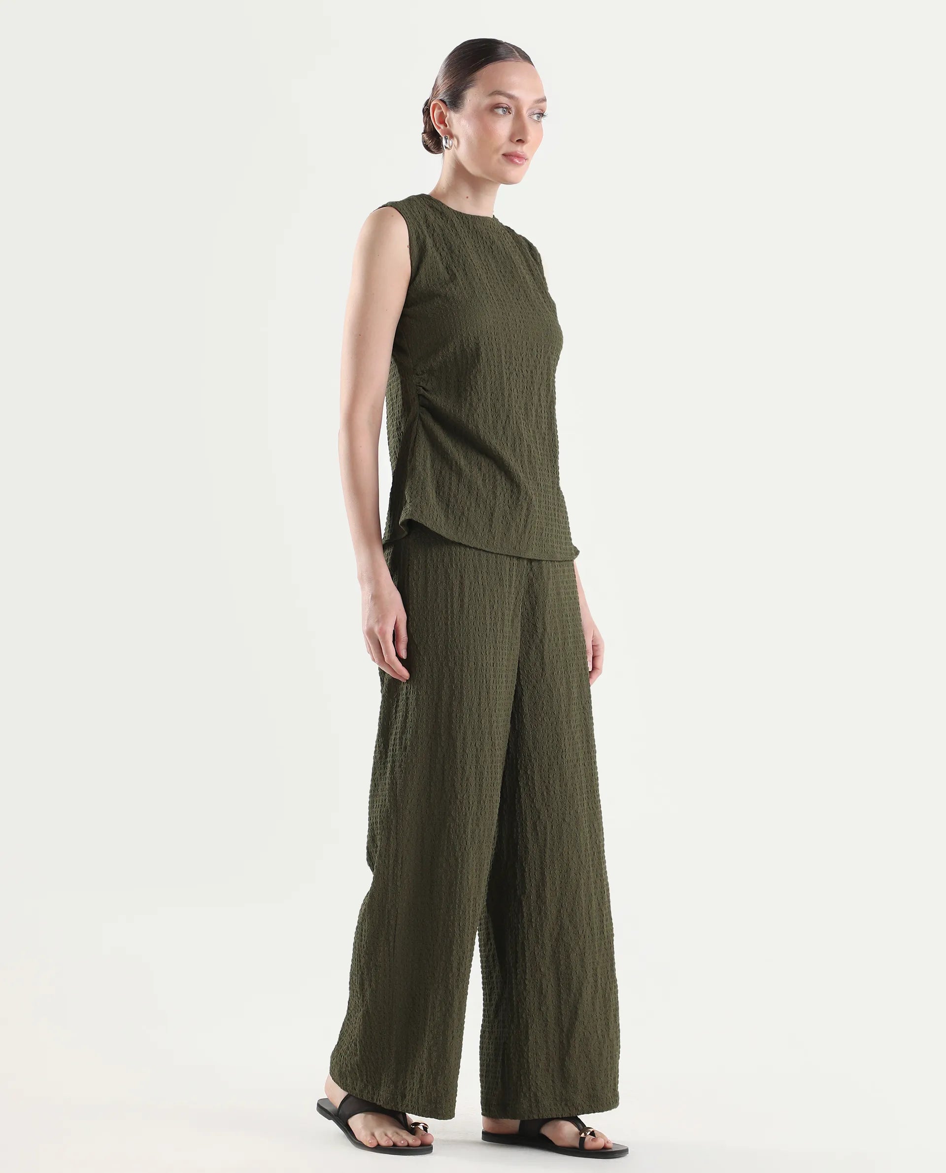 Rareism Women's Arrix-B Olive Polyester Wide Plain Trouser