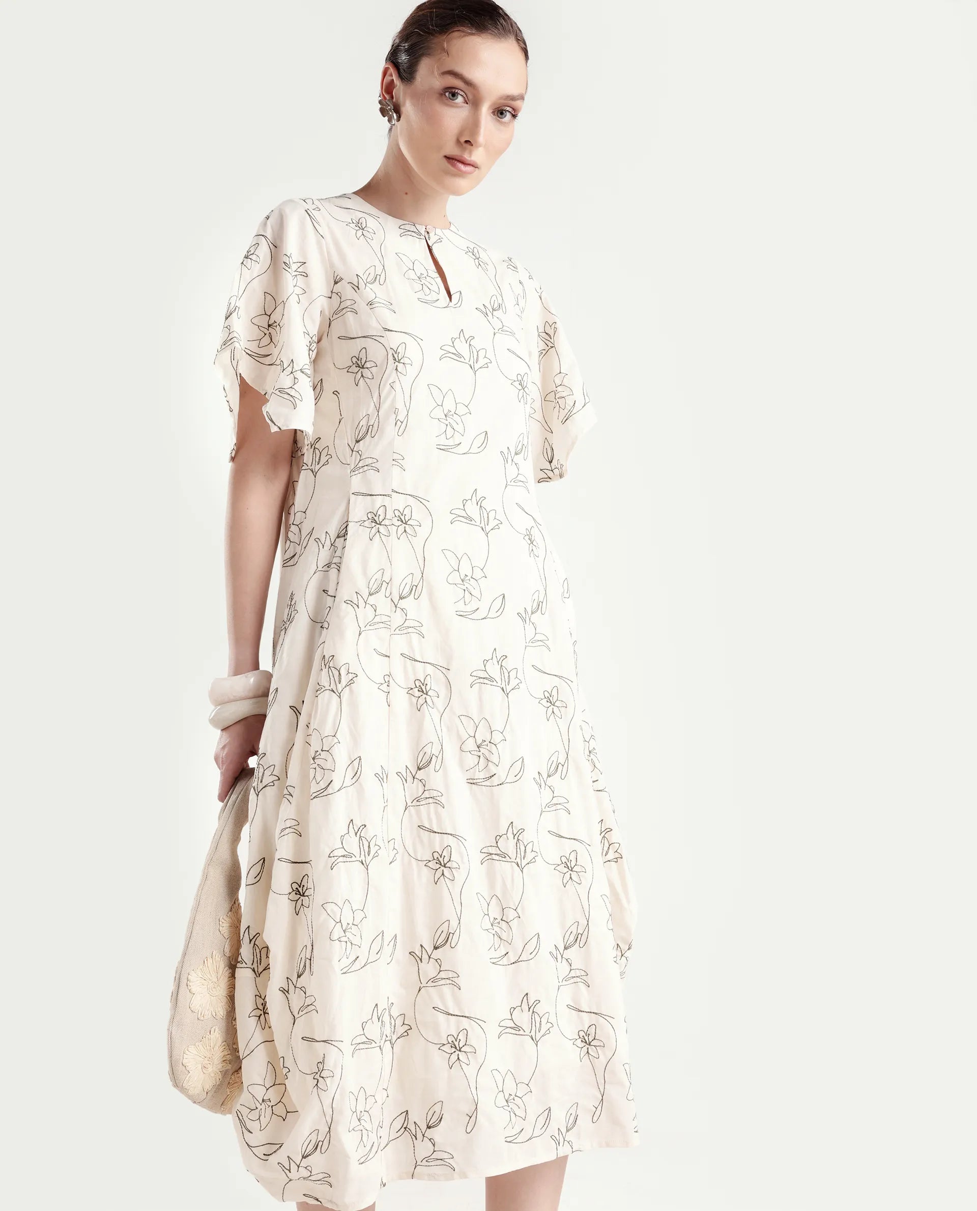 Rareism Women's Ater Beige Cotton Half Sleeve A-Line Plain Dress