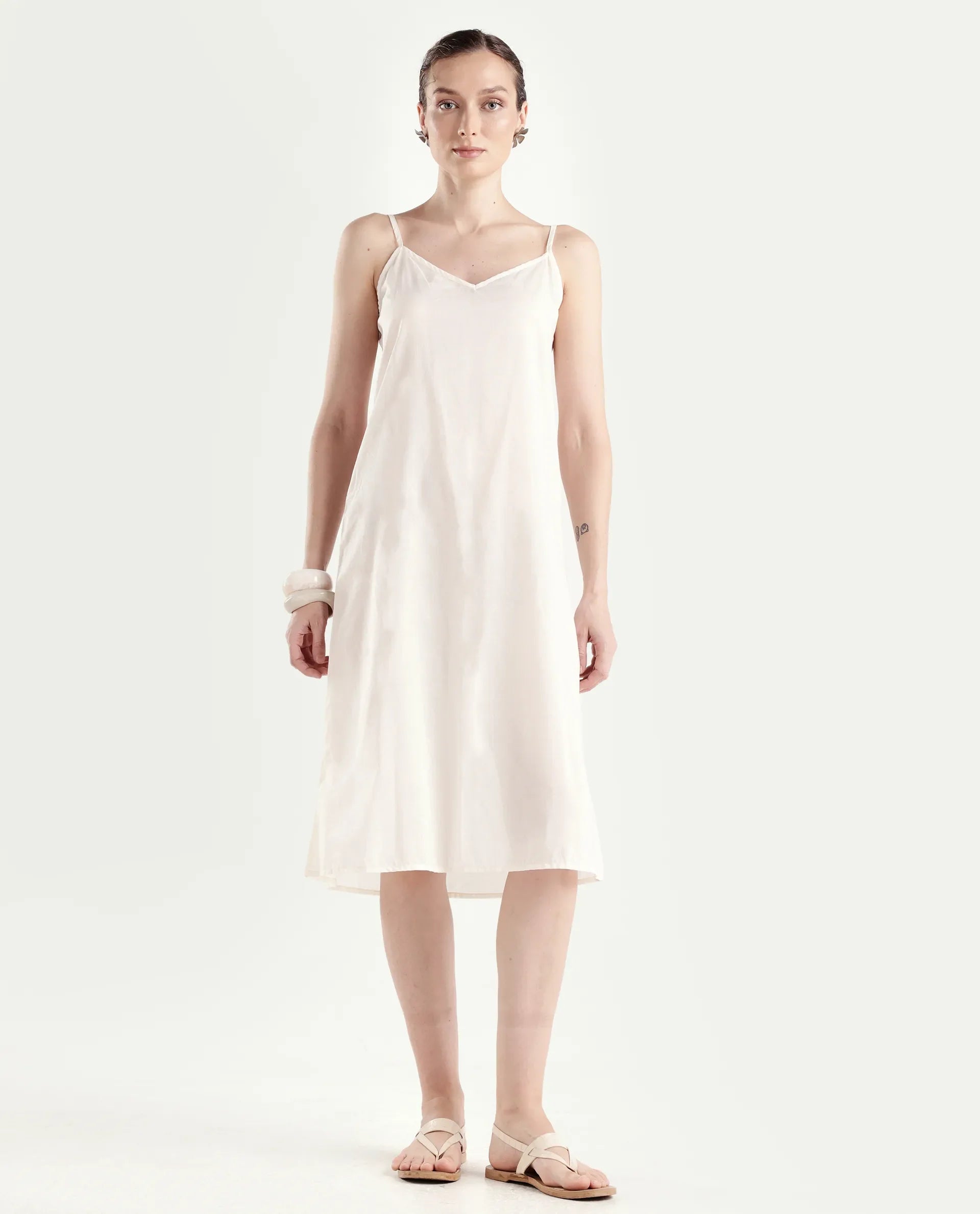 Rareism Women's Ater Beige Cotton Half Sleeve A-Line Plain Dress