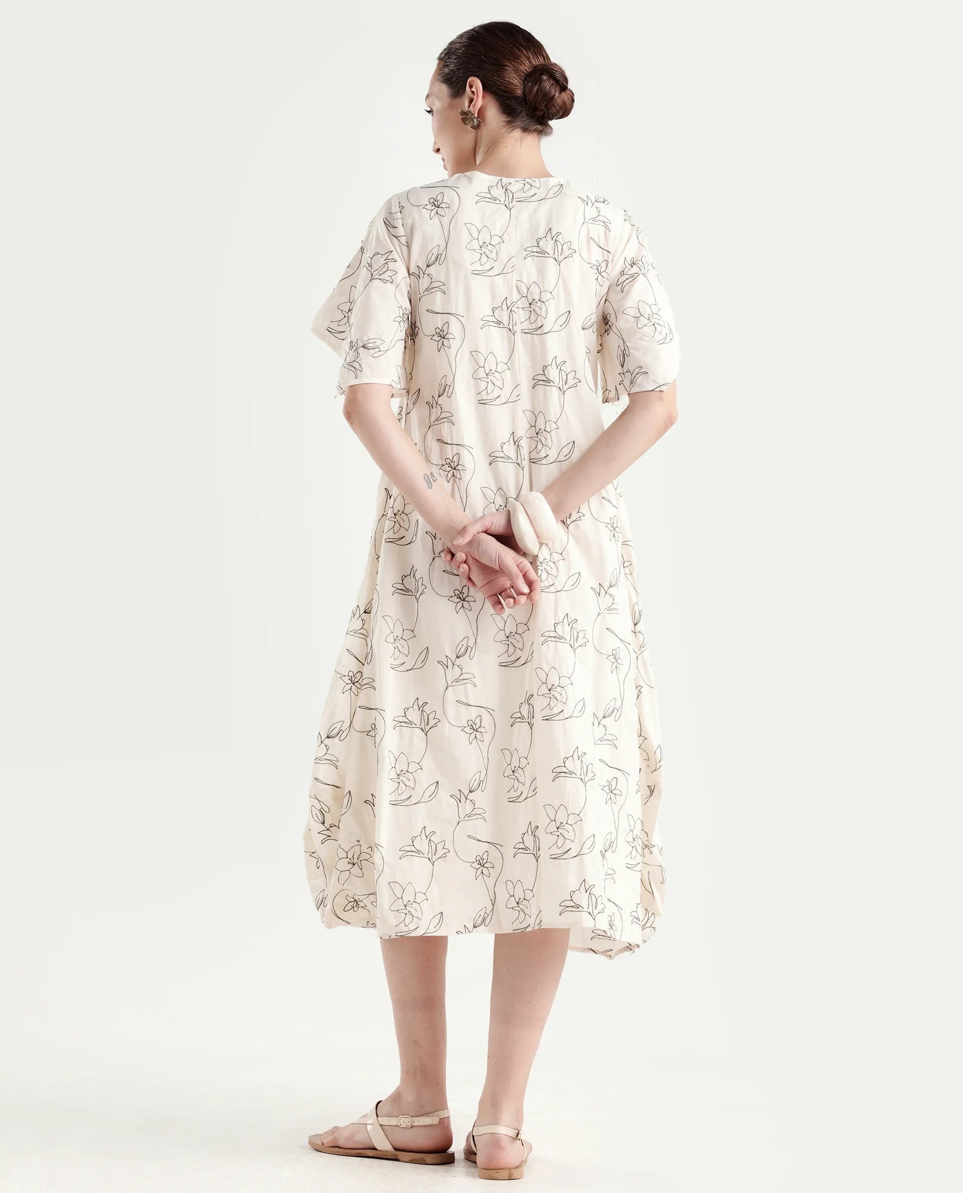 Rareism Women's Ater Beige Cotton Half Sleeve A-Line Plain Dress