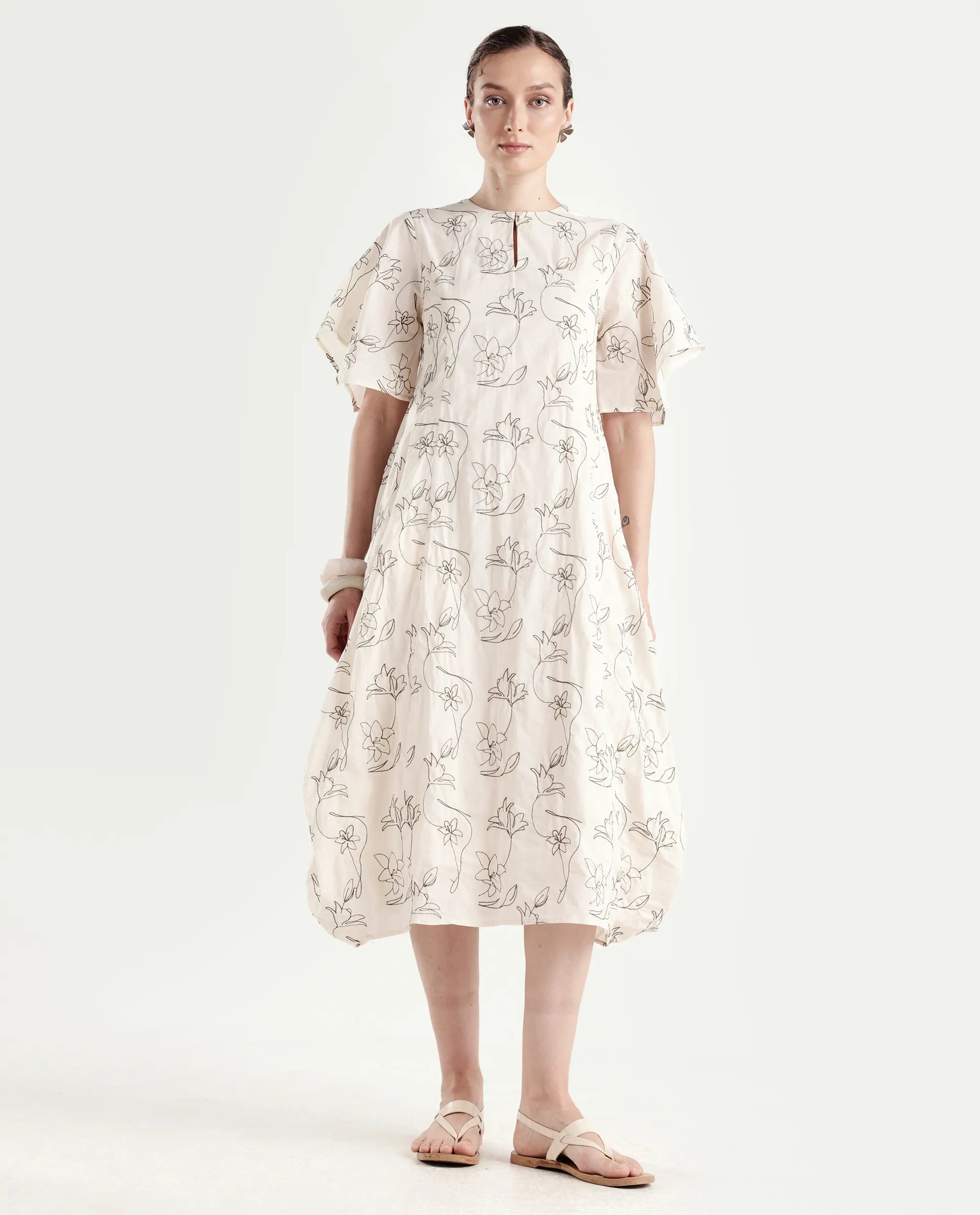 Rareism Women's Ater Beige Cotton Half Sleeve A-Line Plain Dress