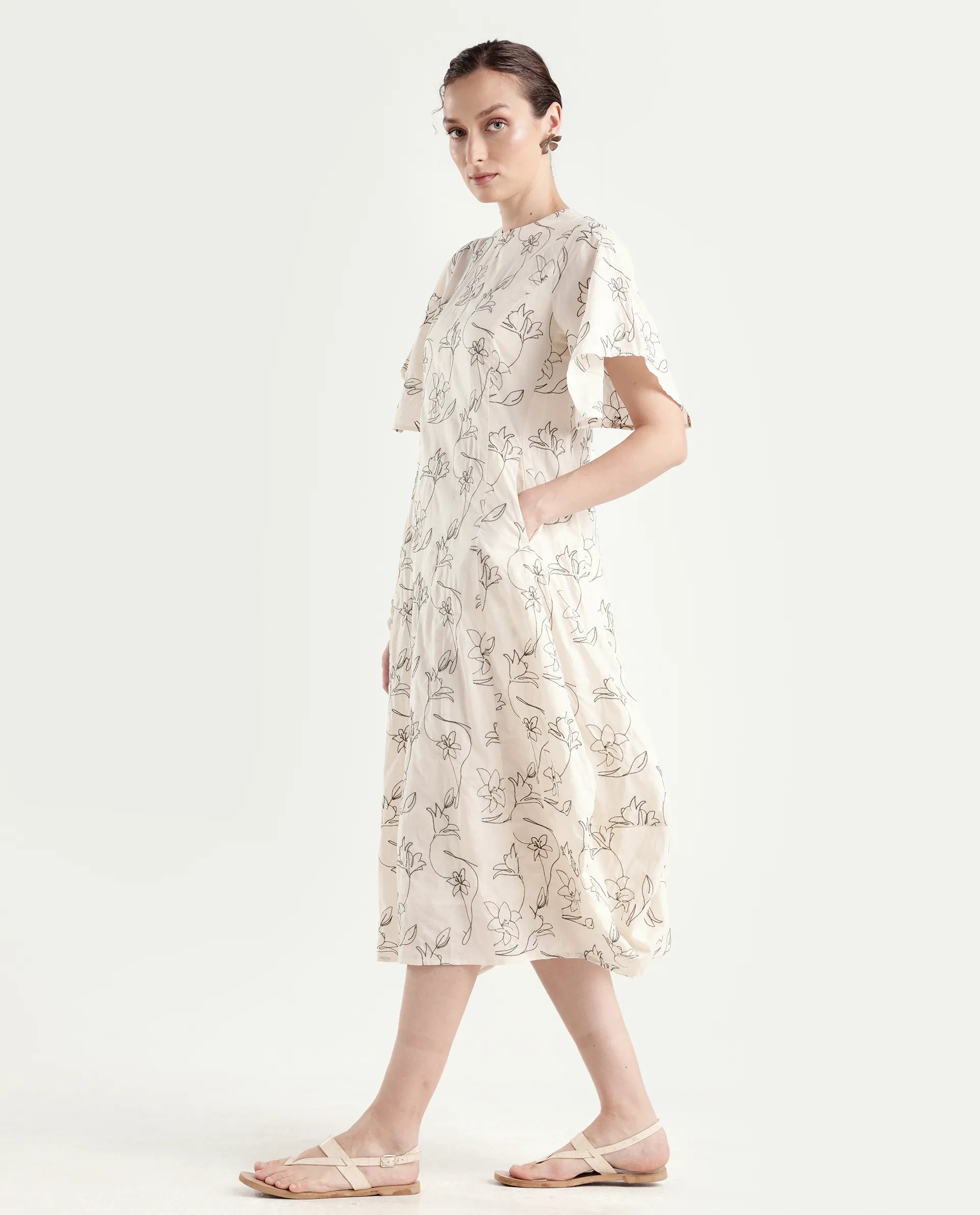 Rareism Women's Ater Beige Cotton Half Sleeve A-Line Plain Dress