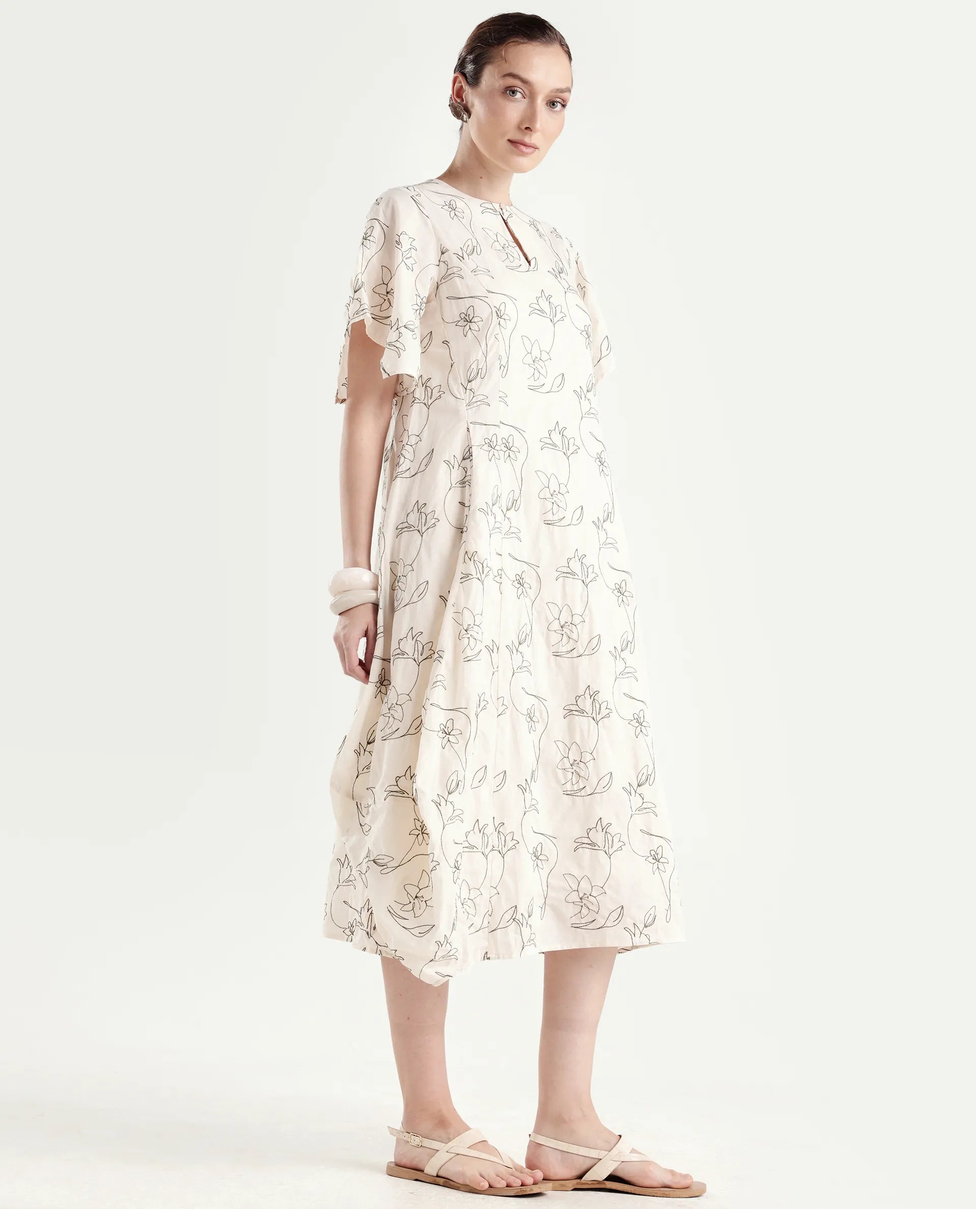 Rareism Women's Ater Beige Cotton Half Sleeve A-Line Plain Dress