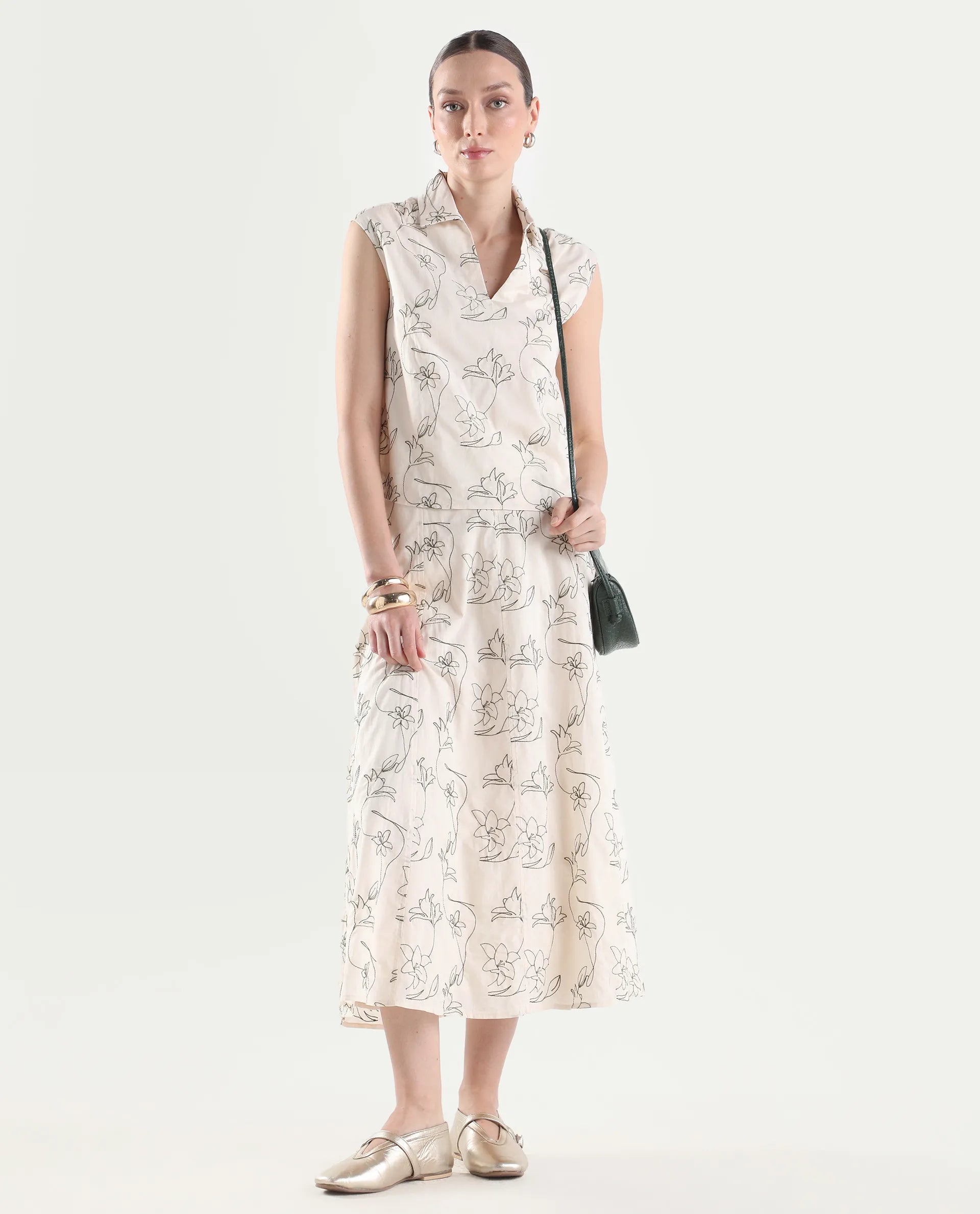 Rareism Women's Ateri-B Beige Cotton A-Line Embroidered Skirt