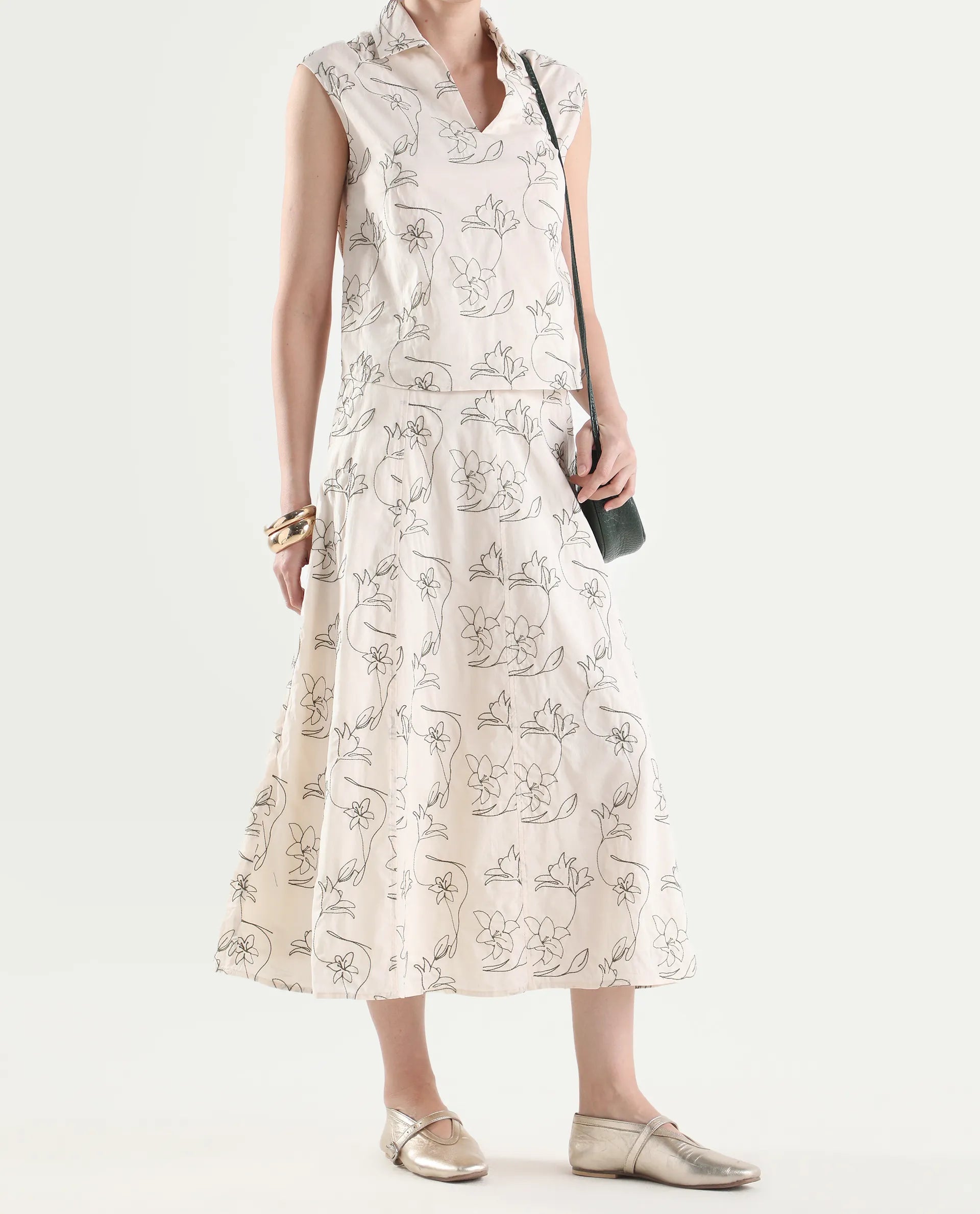 Rareism Women's Ateri-B Beige Cotton A-Line Embroidered Skirt