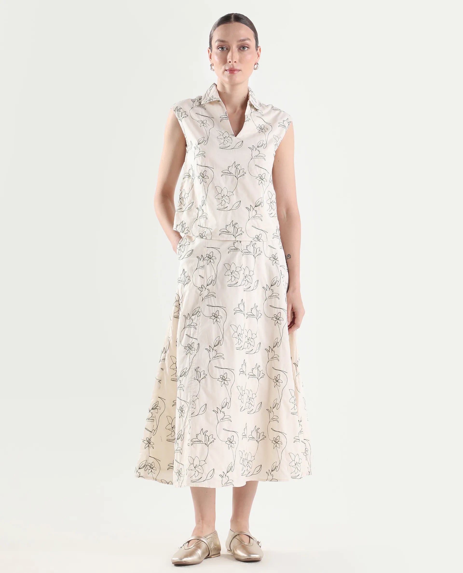 Rareism Women's Ateri-B Beige Cotton A-Line Embroidered Skirt