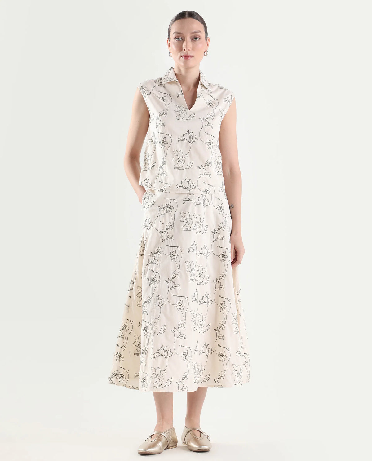 Rareism Women's Ateri-B Beige Cotton A-Line Embroidered Skirt