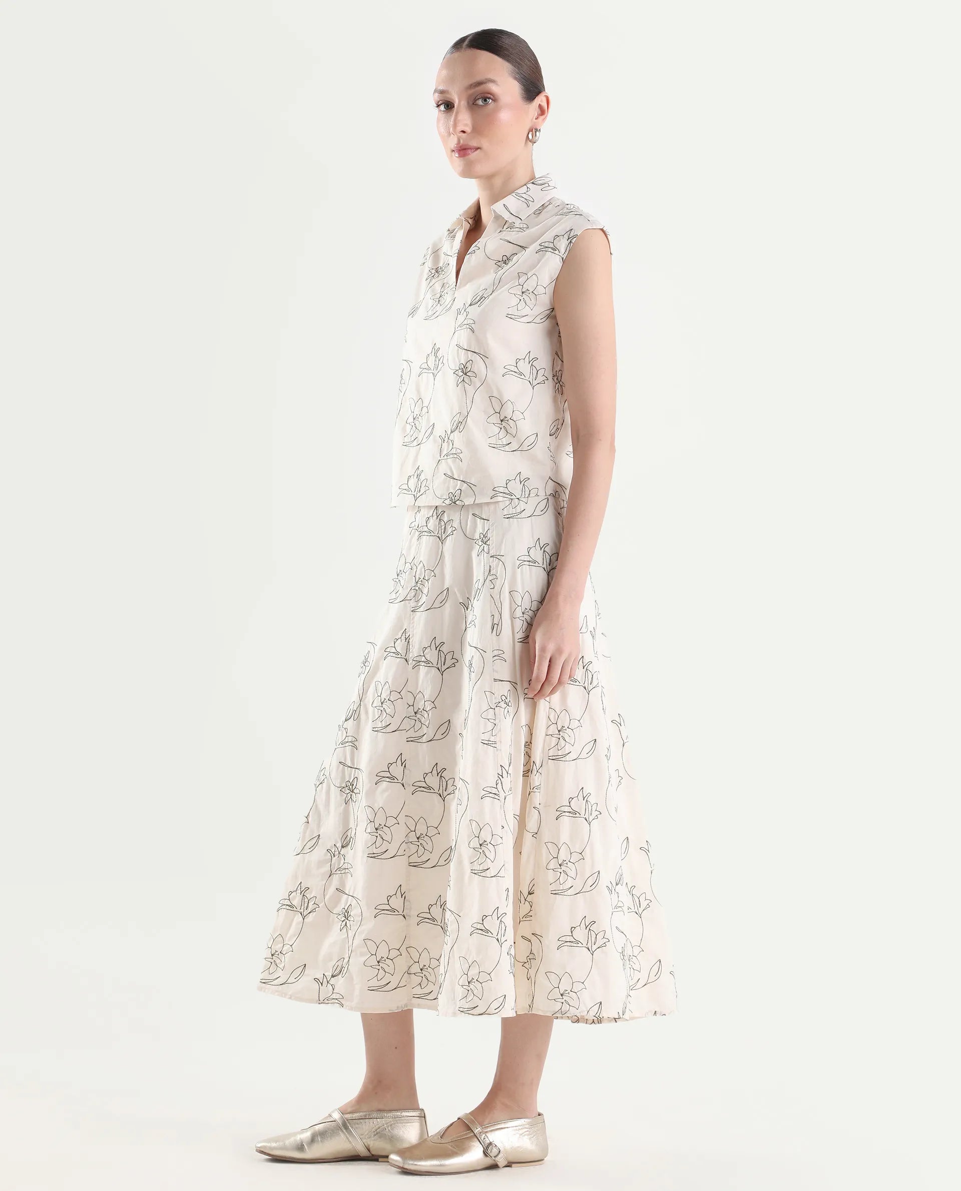 Rareism Women's Ateri-B Beige Cotton A-Line Embroidered Skirt