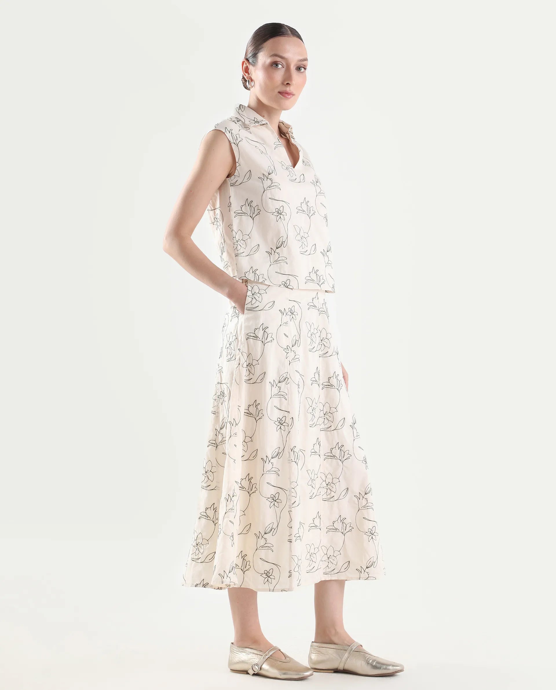 Rareism Women's Ateri-B Beige Cotton A-Line Embroidered Skirt