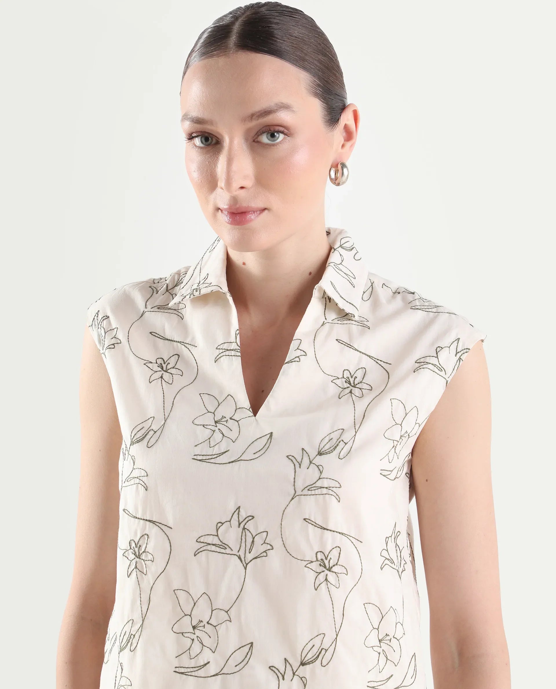 Rareism Women's Ateri-T Beige Cotton Half Sleeve Regular Fit Plain Top