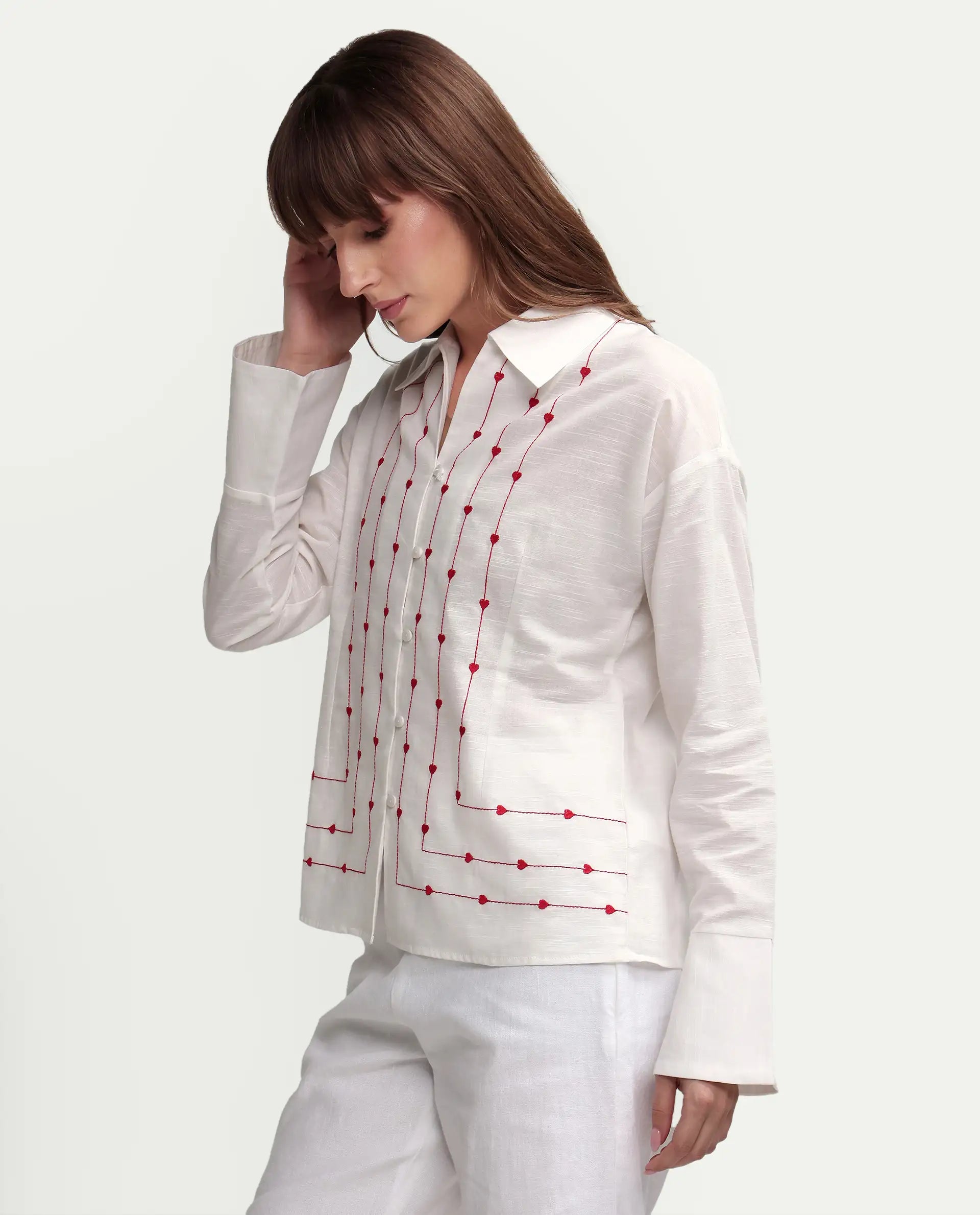 Rareism Women's Atone Off White Cotton Full Sleeve Regular Fit Plain Top