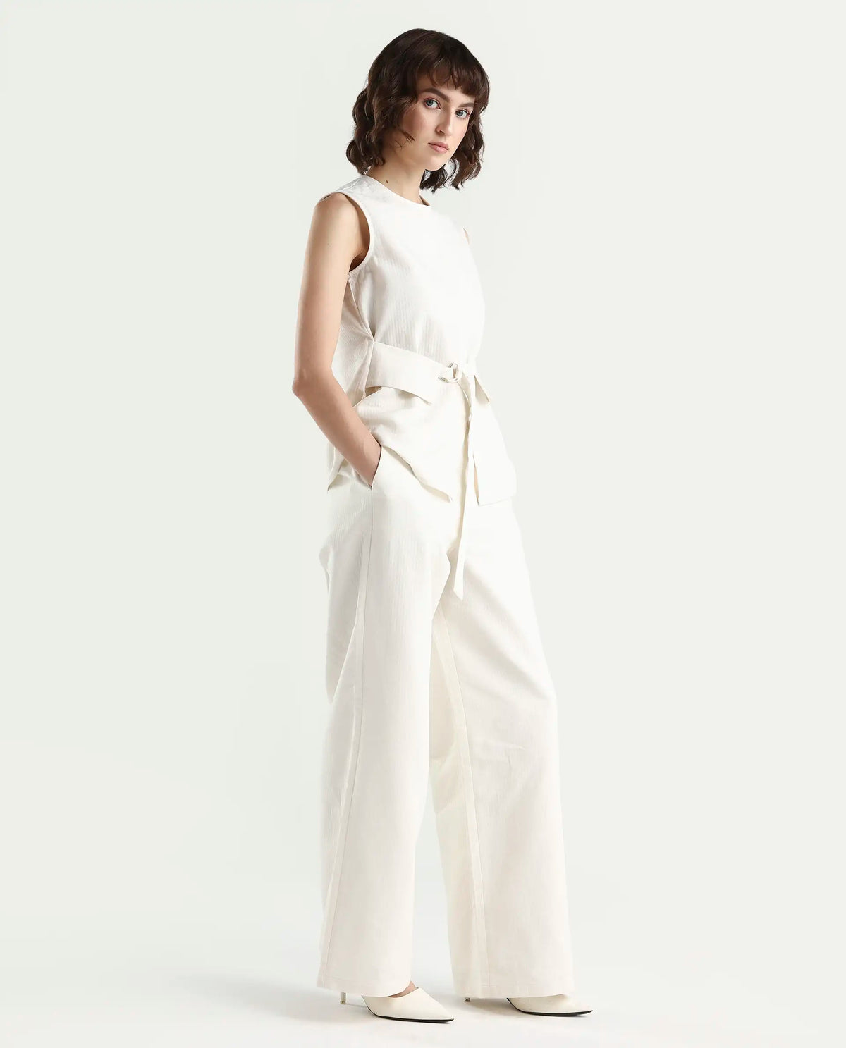 Rareism Women's Aubra-B Off White Cotton Wide Leg Plain Trouser