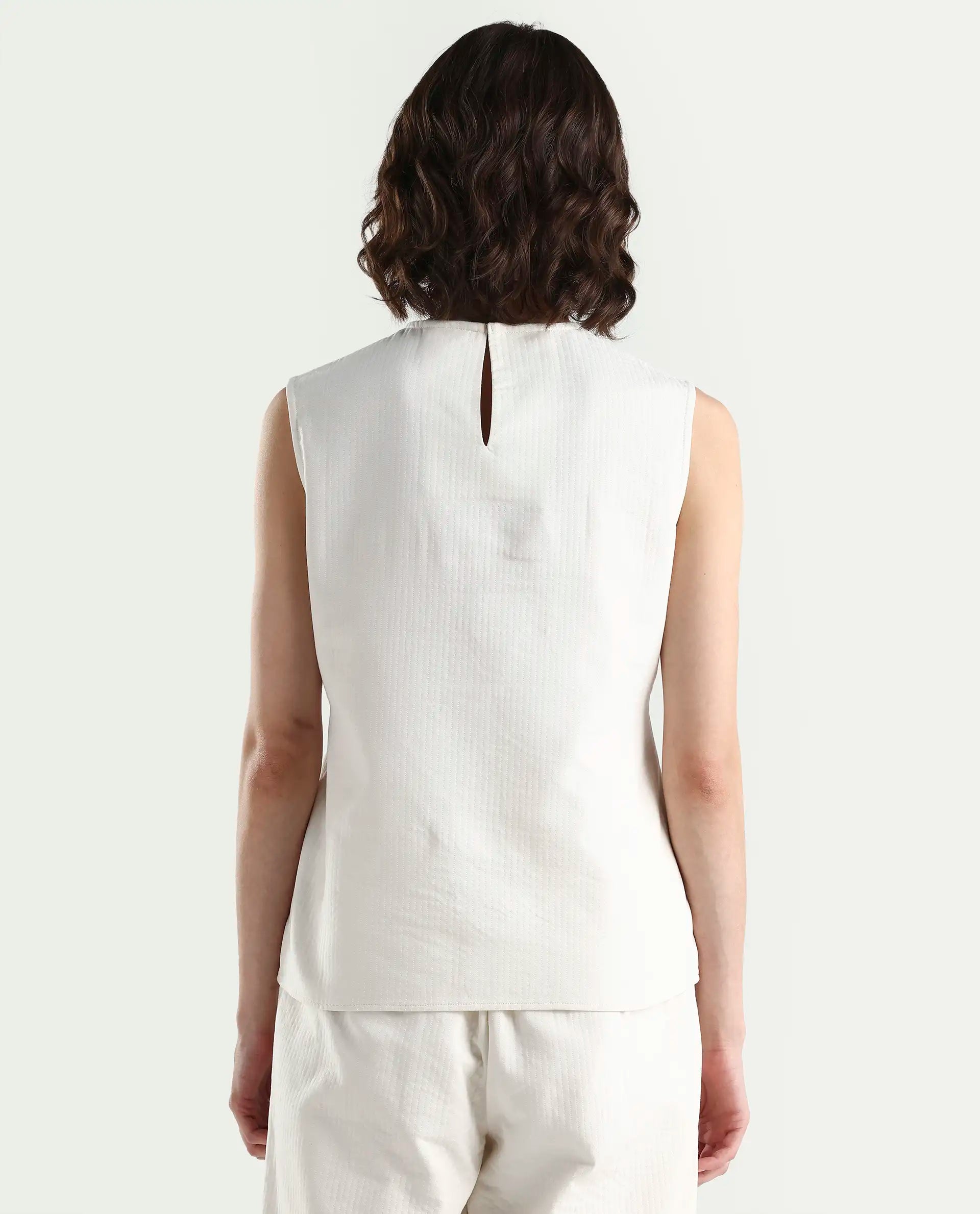 Rareism Women's Aubra-T Off White Cotton Sleeveless Crew Neck Regular Fit Plain Top