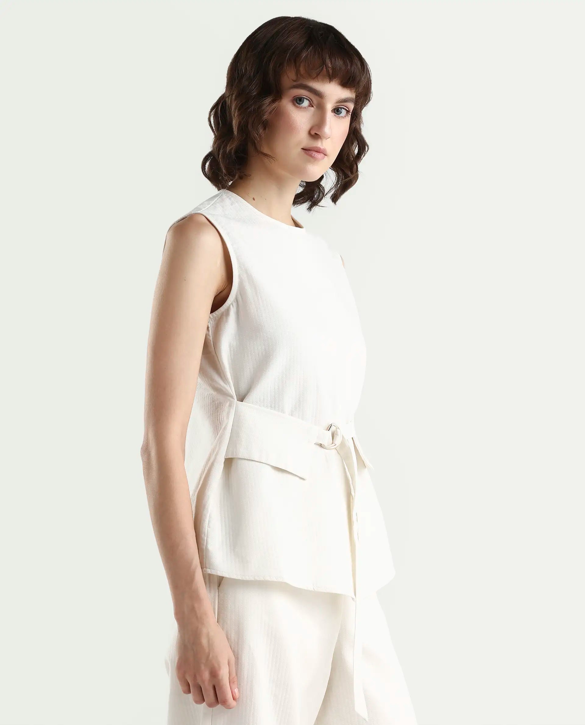 Rareism Women's Aubra-T Off White Cotton Sleeveless Crew Neck Regular Fit Plain Top