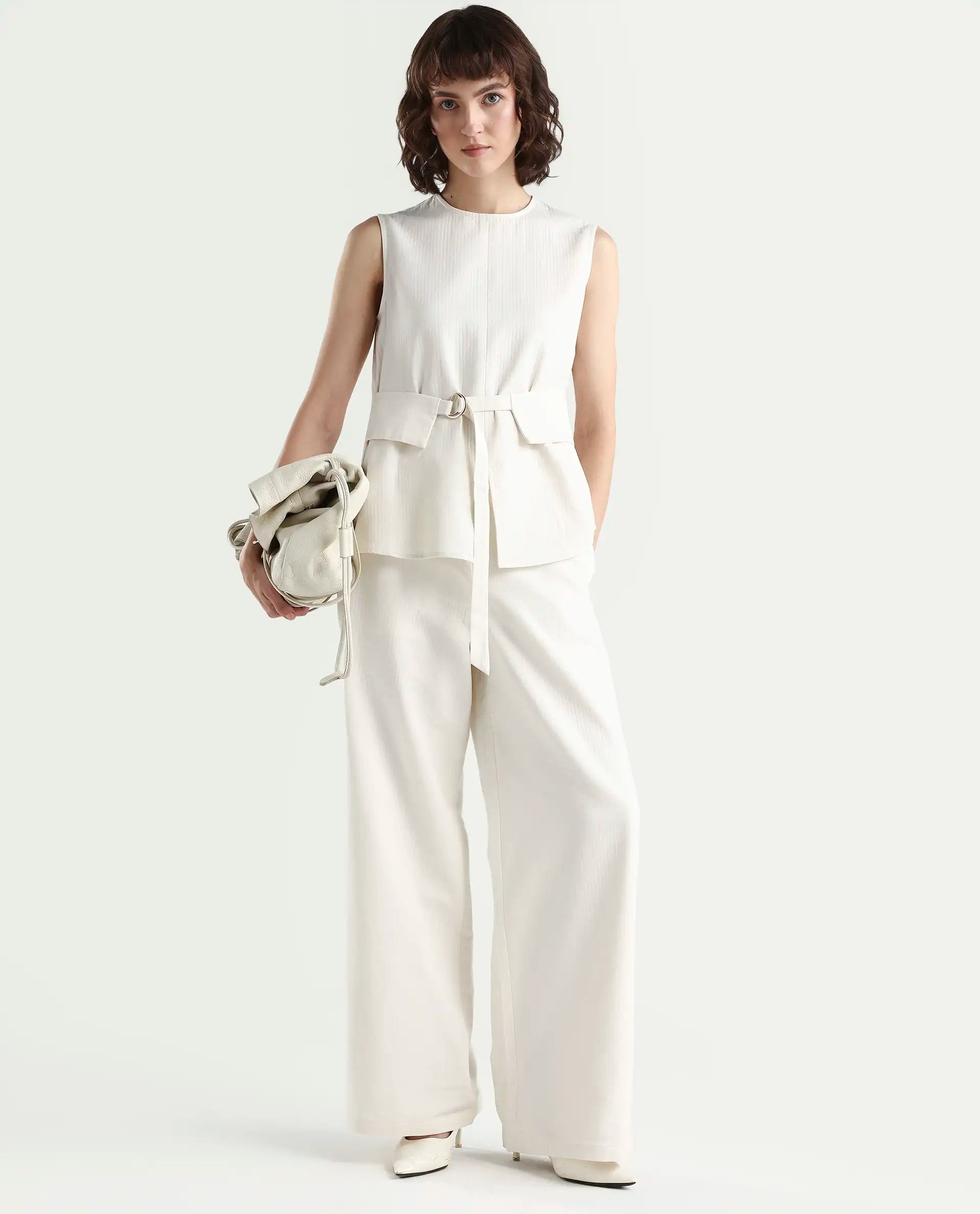 Rareism Women's Aubra-T Off White Cotton Sleeveless Crew Neck Regular Fit Plain Top