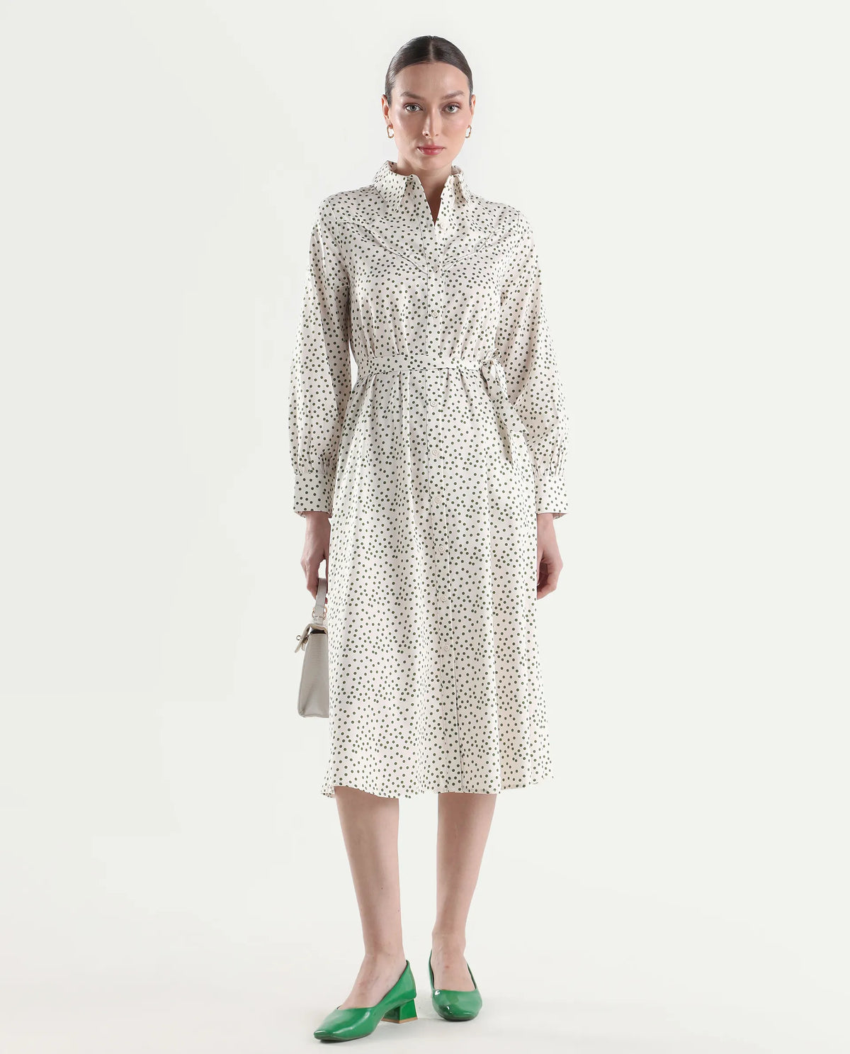 Rareism Women's Avac Off White Cotton Satin Full Sleeve A-Line Polka Print Dress