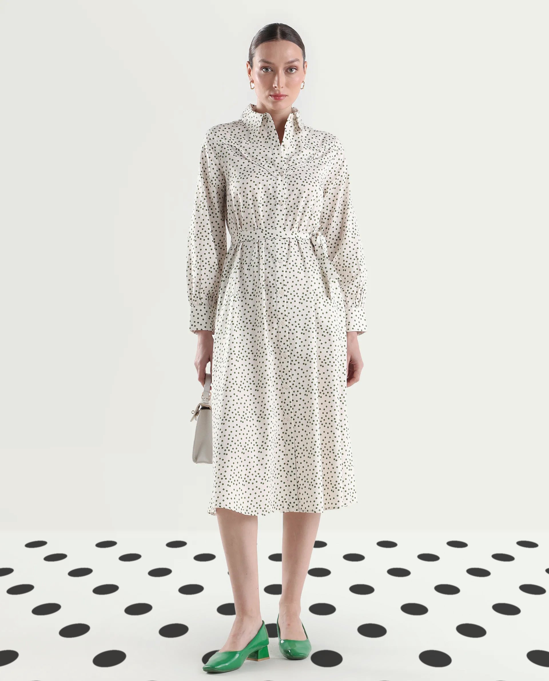 Rareism Women's Avac Off White Cotton Full Sleeve A-Line Polka Print Dress