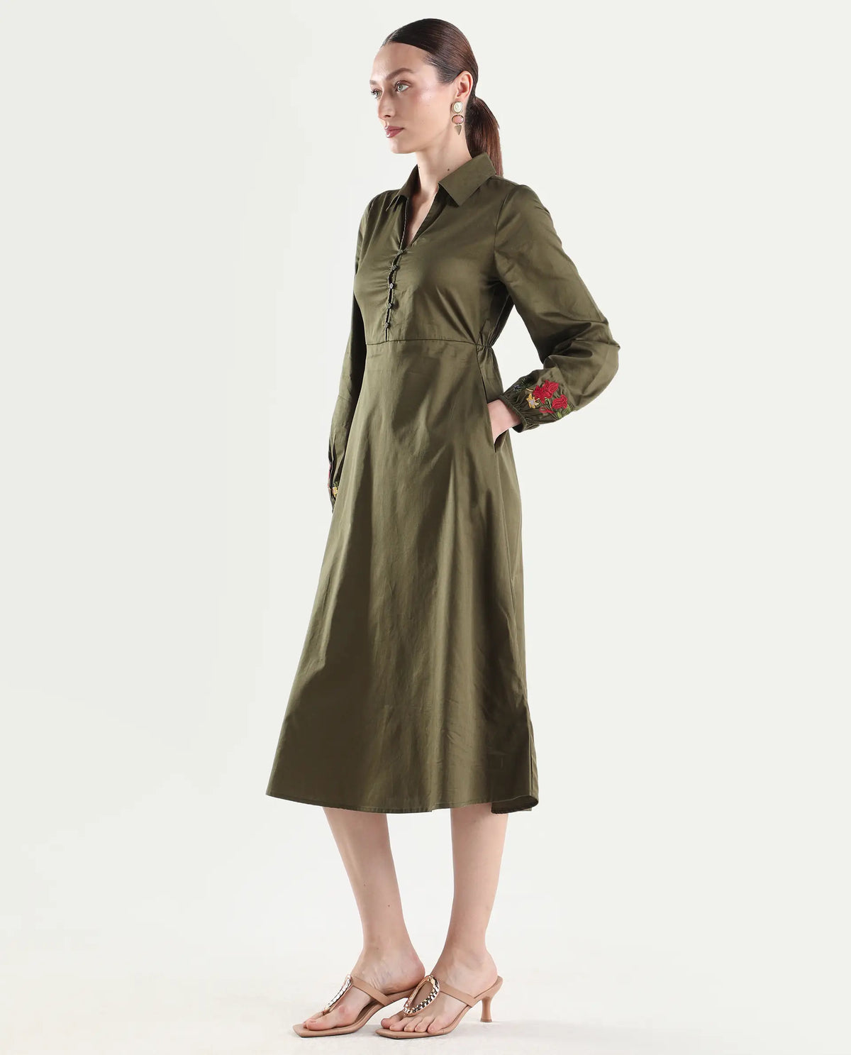 Rareism Women's Avaci Olive Cotton Satin Full Sleeve Fit And Flare Plain Dress