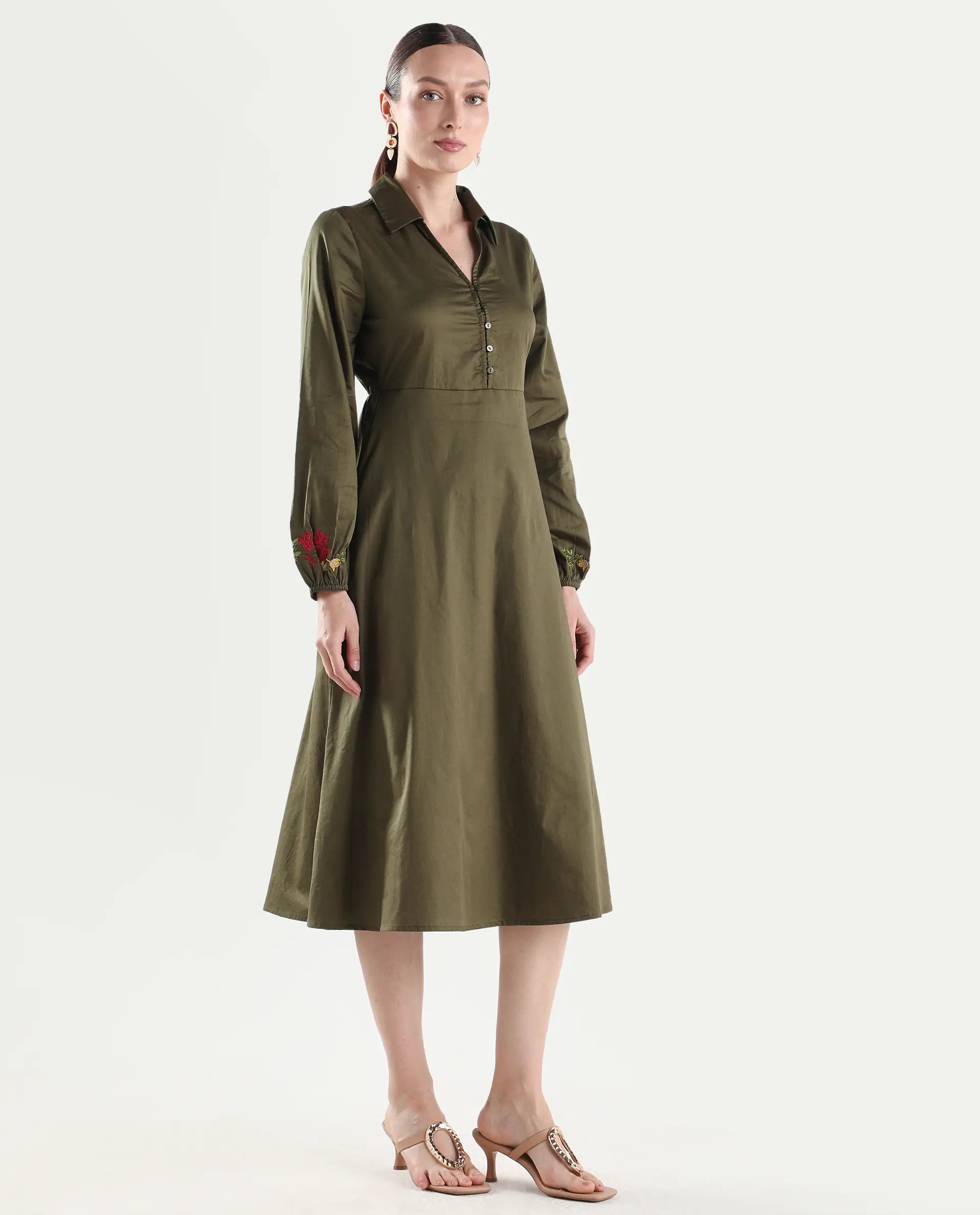 Rareism Women's Avaci Olive Cotton Full Sleeve Fit And Flare Plain Dress