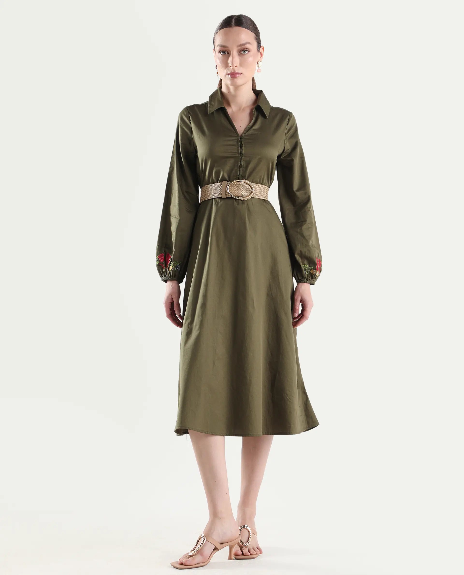 Rareism Women's Avaci Olive Cotton Full Sleeve Fit And Flare Plain Dress