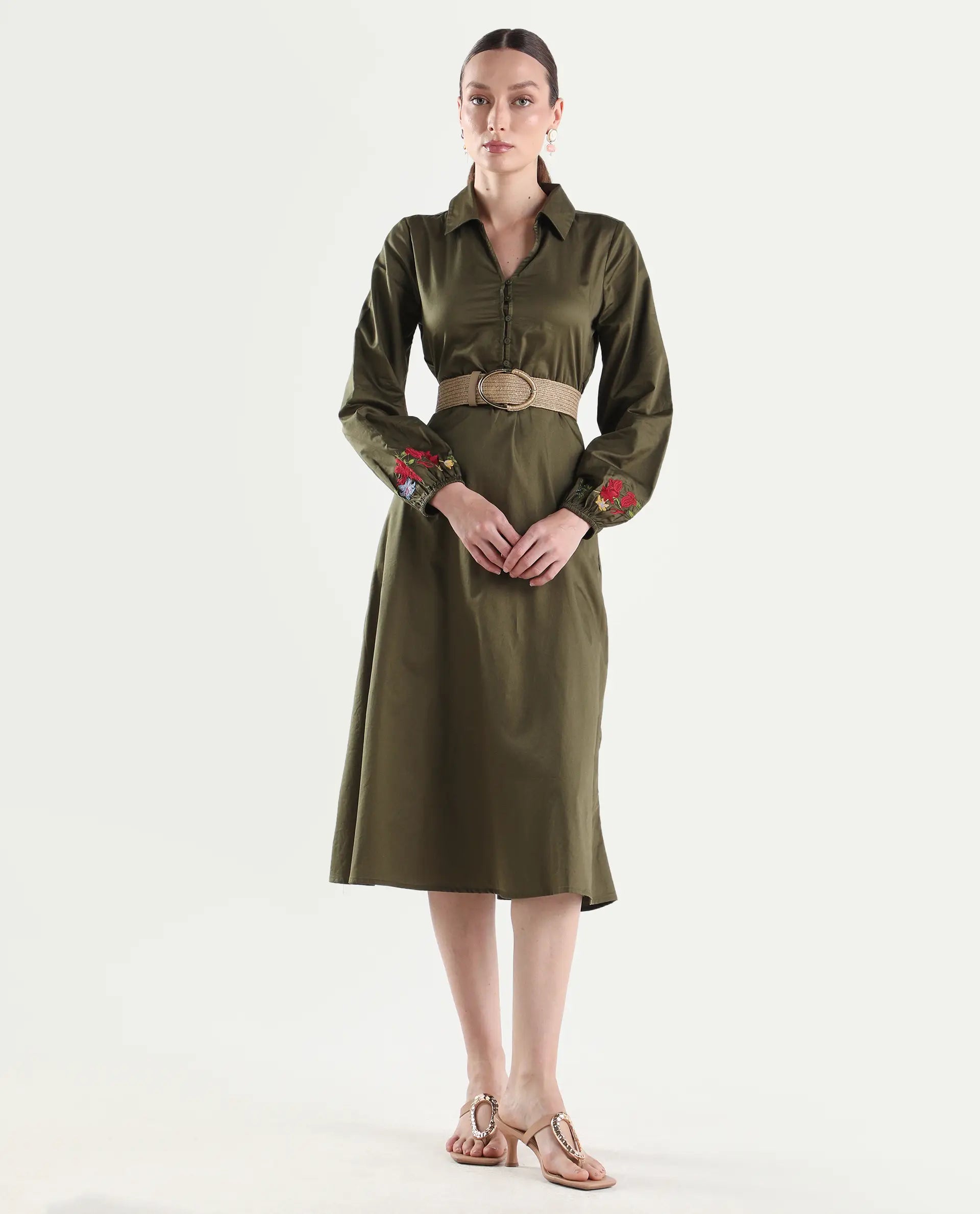 Rareism Women's Avaci Olive Cotton Full Sleeve Fit And Flare Plain Dress