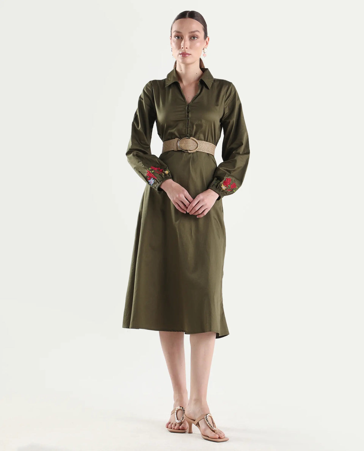 Rareism Women's Avaci Olive Cotton Satin Full Sleeve Fit And Flare Plain Dress