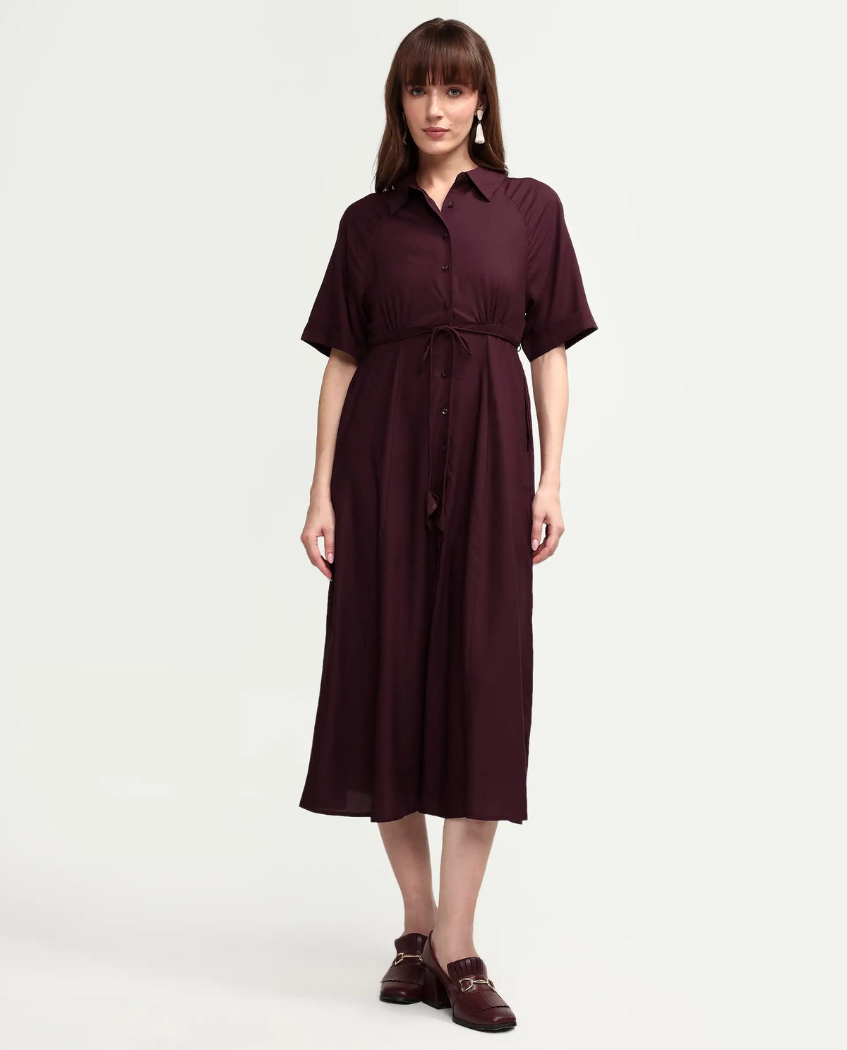 Rareism Women's Avaco Maroon Viscose Half Sleeve A-Line Plain Dress