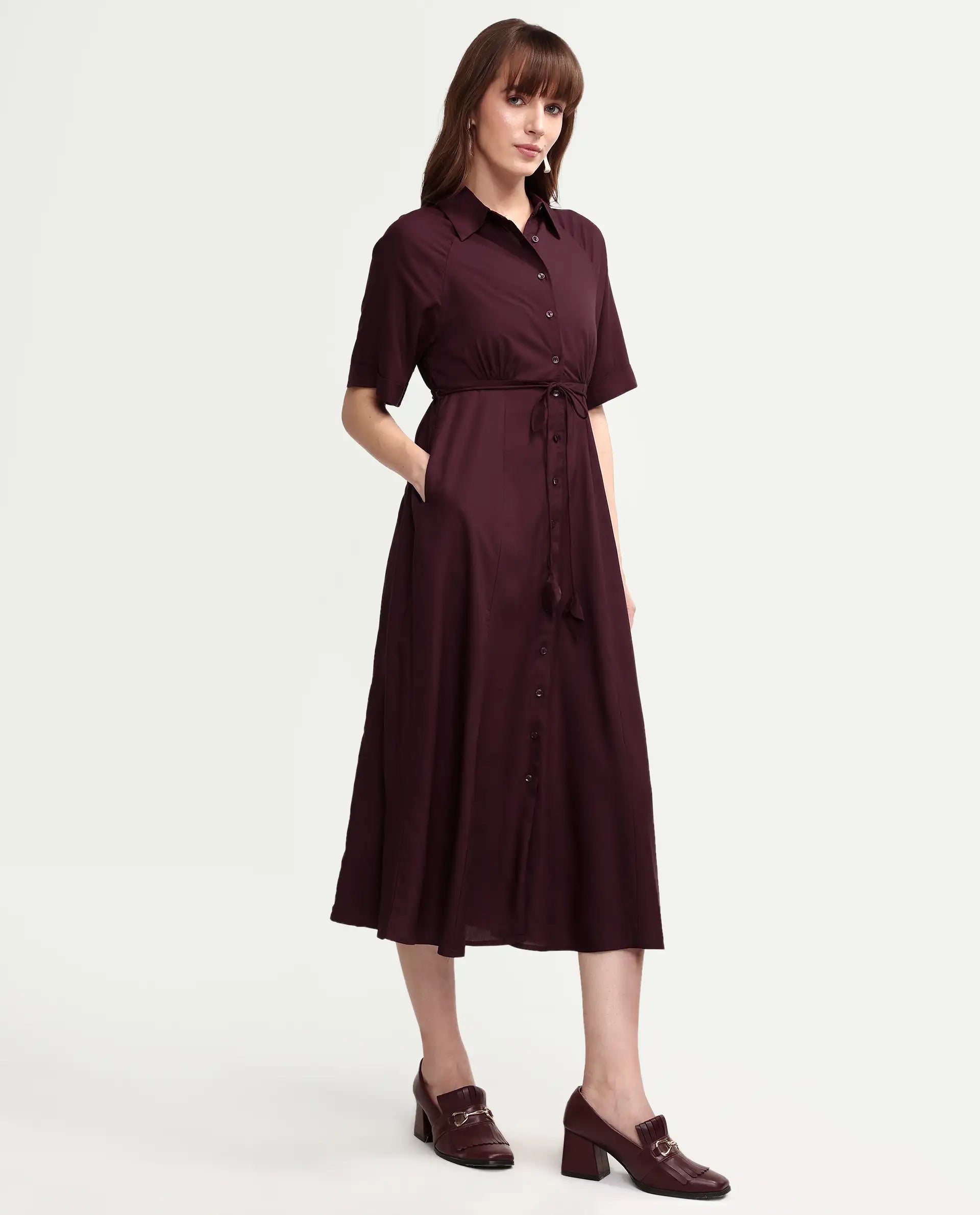 Rareism Women's Avaco Maroon Viscose Half Sleeve A-Line Plain Dress