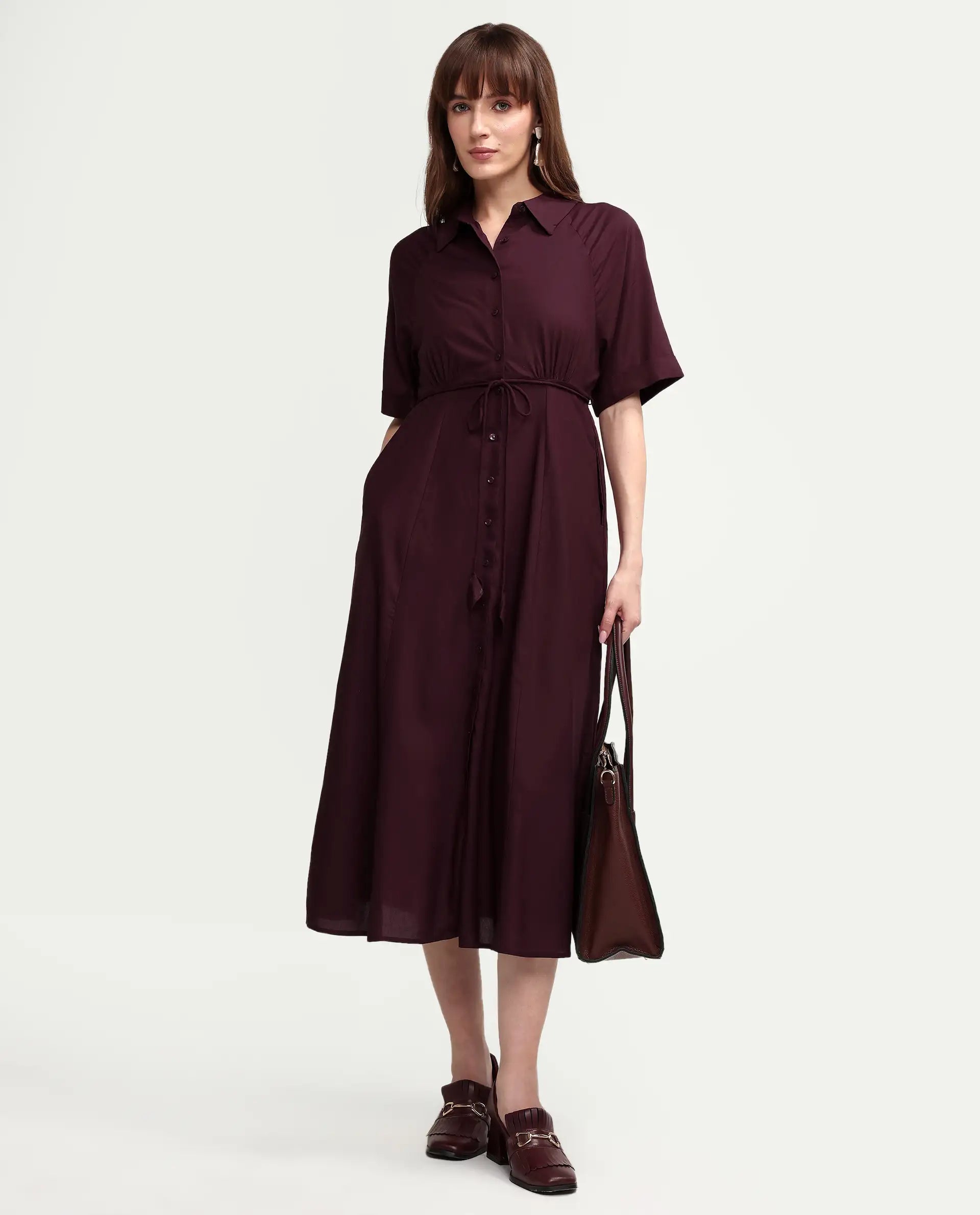 Rareism Women's Avaco Maroon Viscose Half Sleeve A-Line Plain Dress