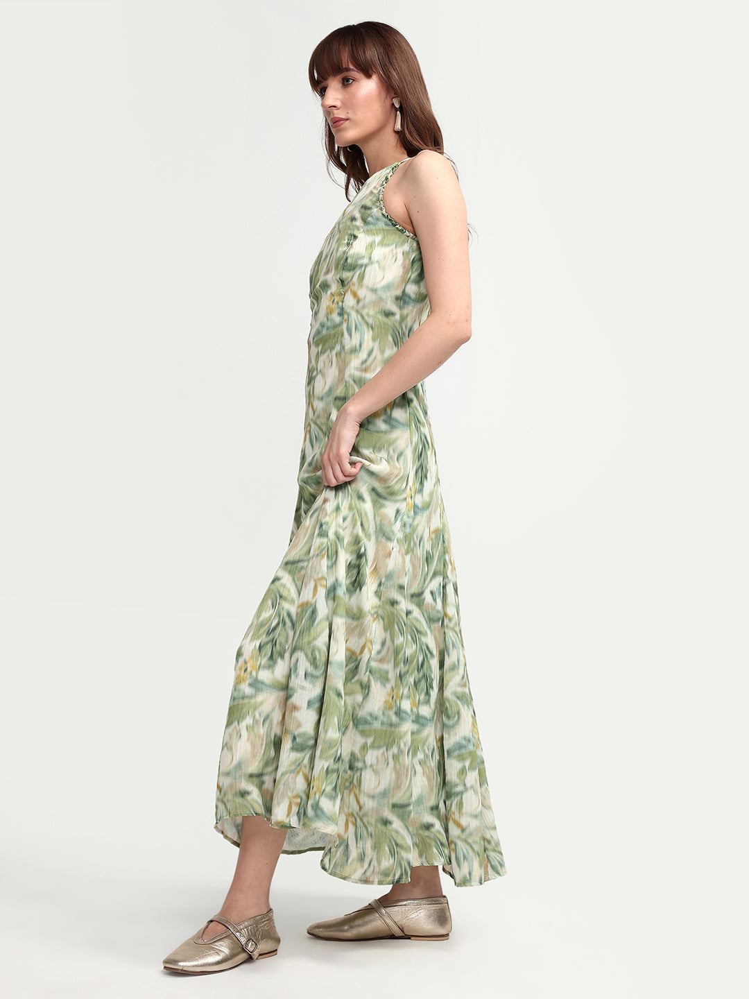 Rareism Women's Avenu Light Green Polyester Sleeveless Fit And Flare Printed Dress