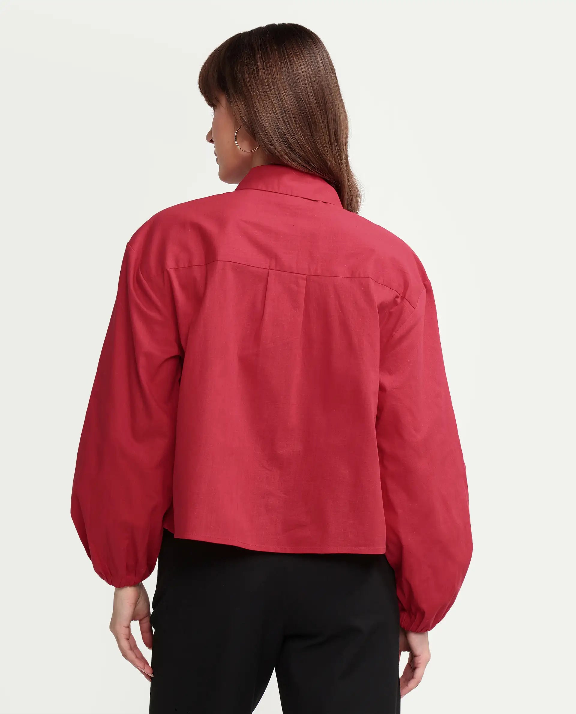 Rareism Women's Aveny Red Cotton Full Sleeve Boxy Plain Shirt