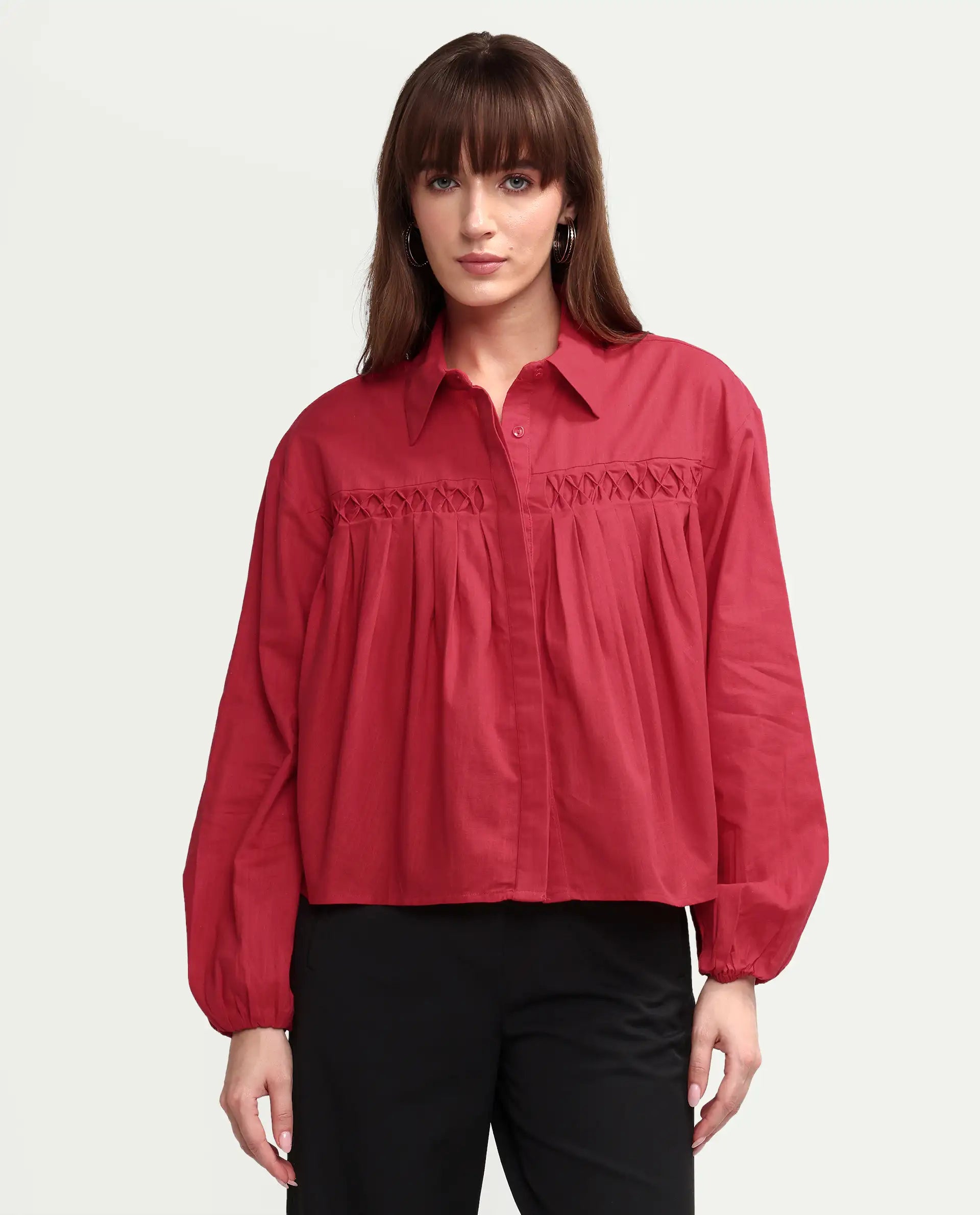Rareism Women's Aveny Red Cotton Full Sleeve Boxy Plain Shirt