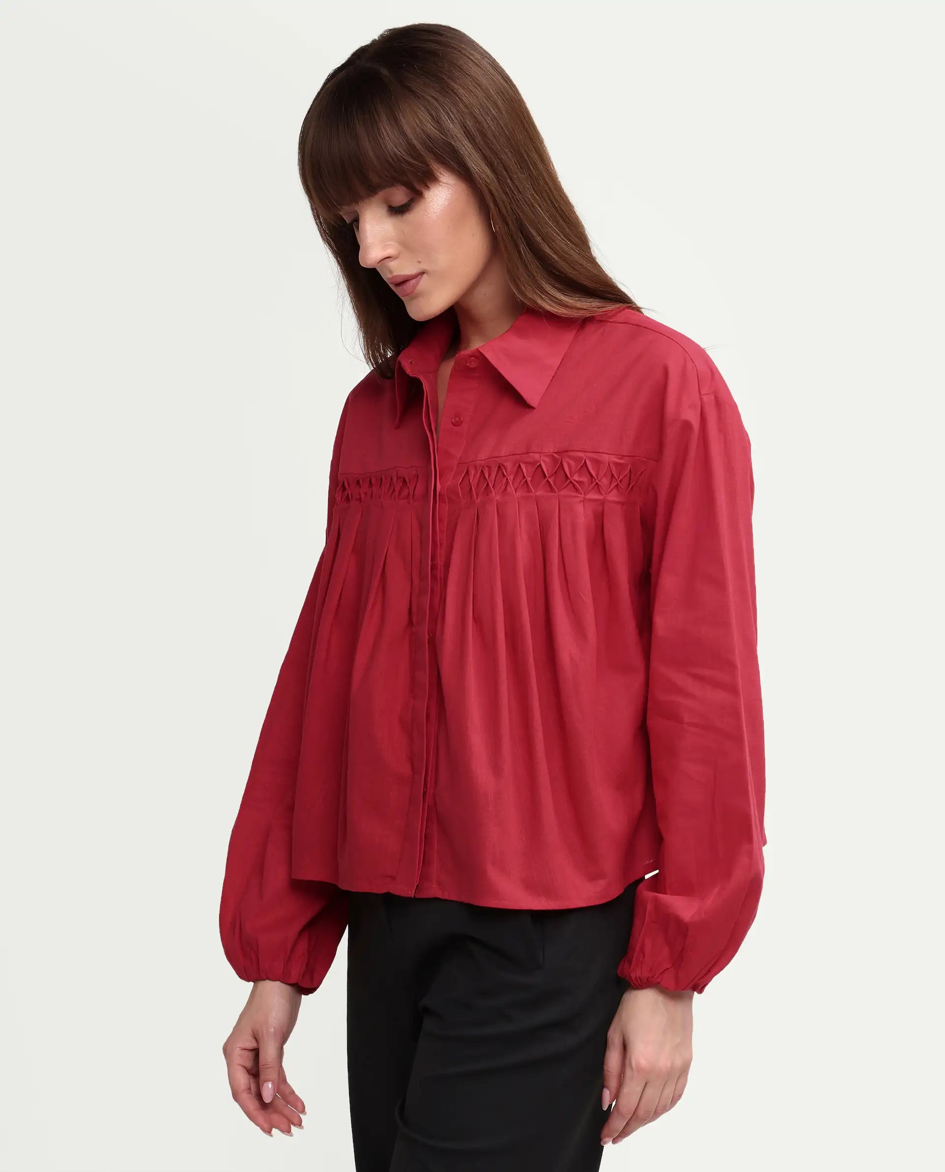 Rareism Women's Aveny Red Cotton Full Sleeve Boxy Plain Shirt