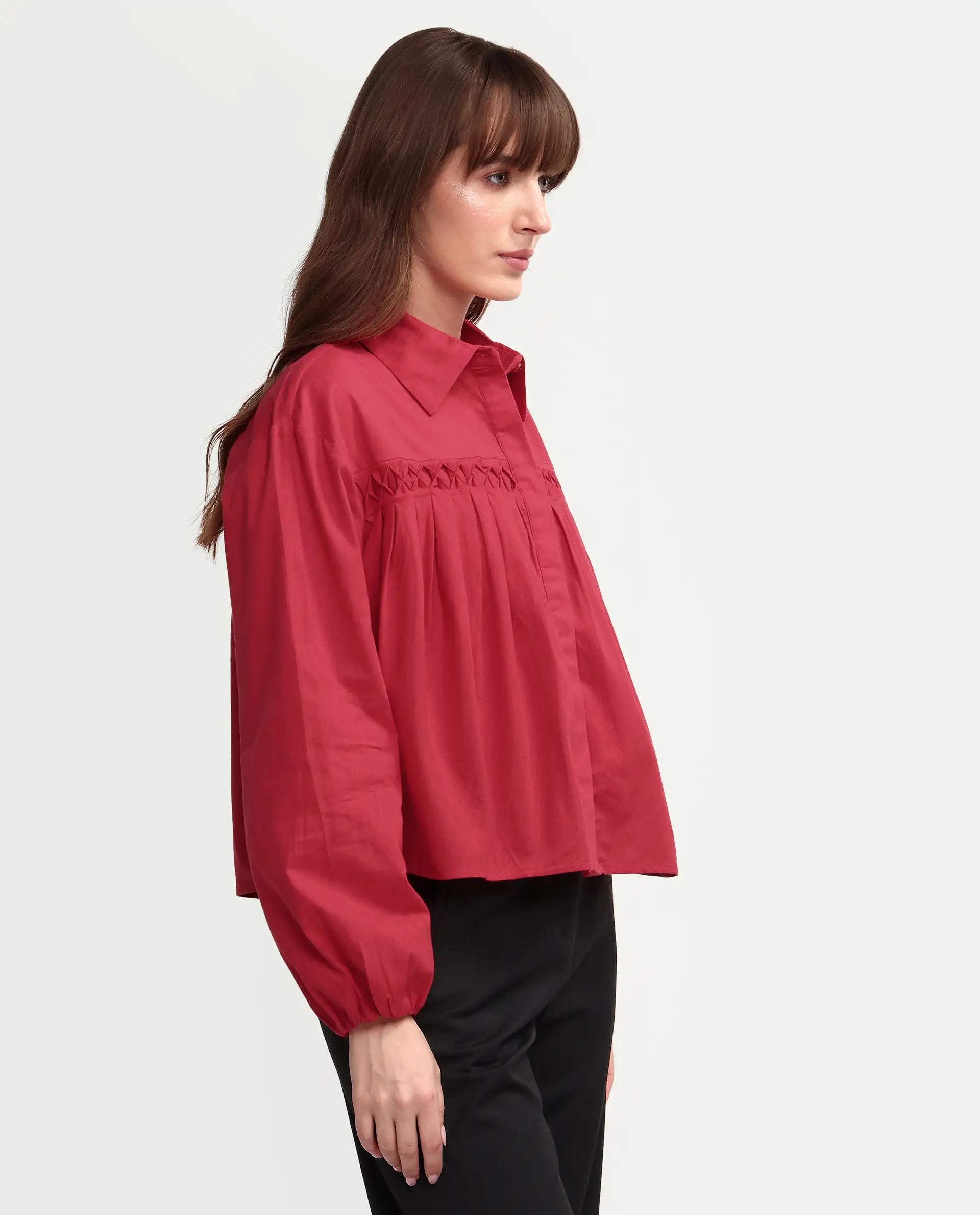 Rareism Women's Aveny Red Cotton Full Sleeve Boxy Plain Shirt