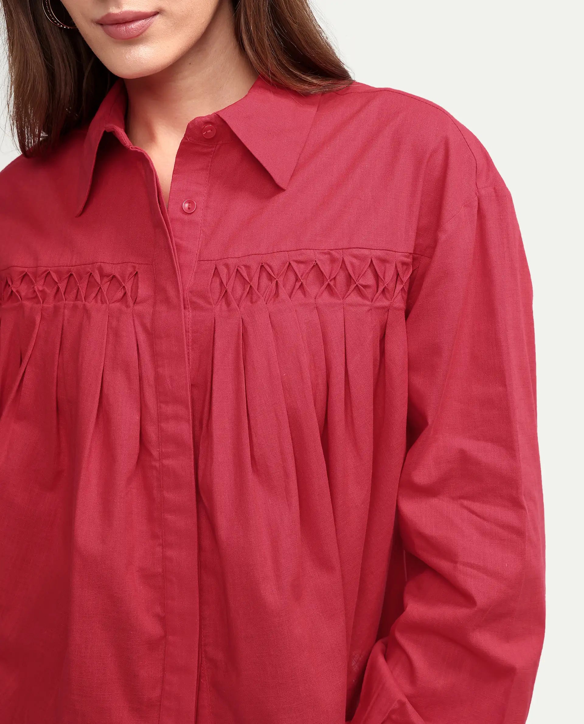 Rareism Women's Aveny Red Cotton Full Sleeve Boxy Plain Shirt