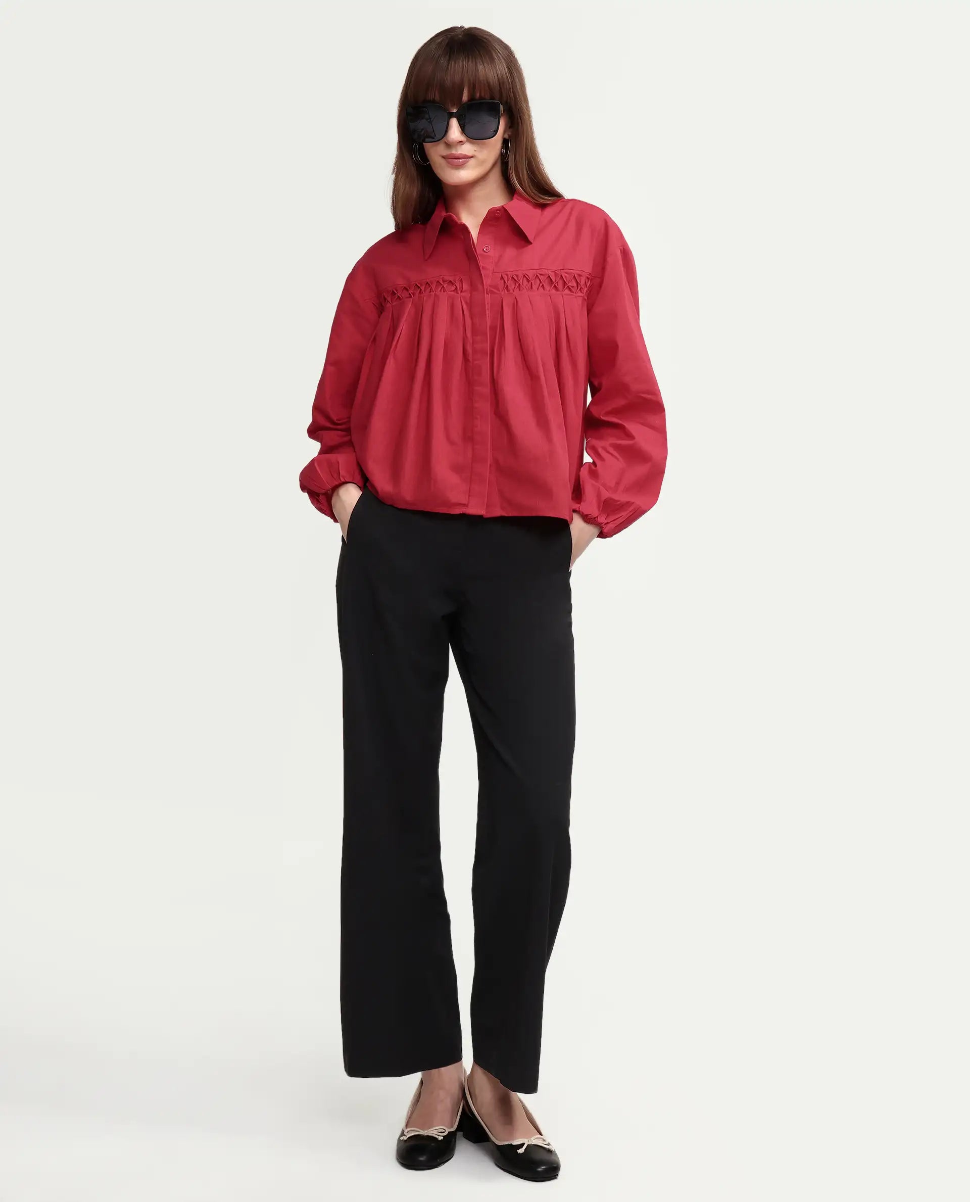 Rareism Women's Aveny Red Cotton Full Sleeve Boxy Plain Shirt