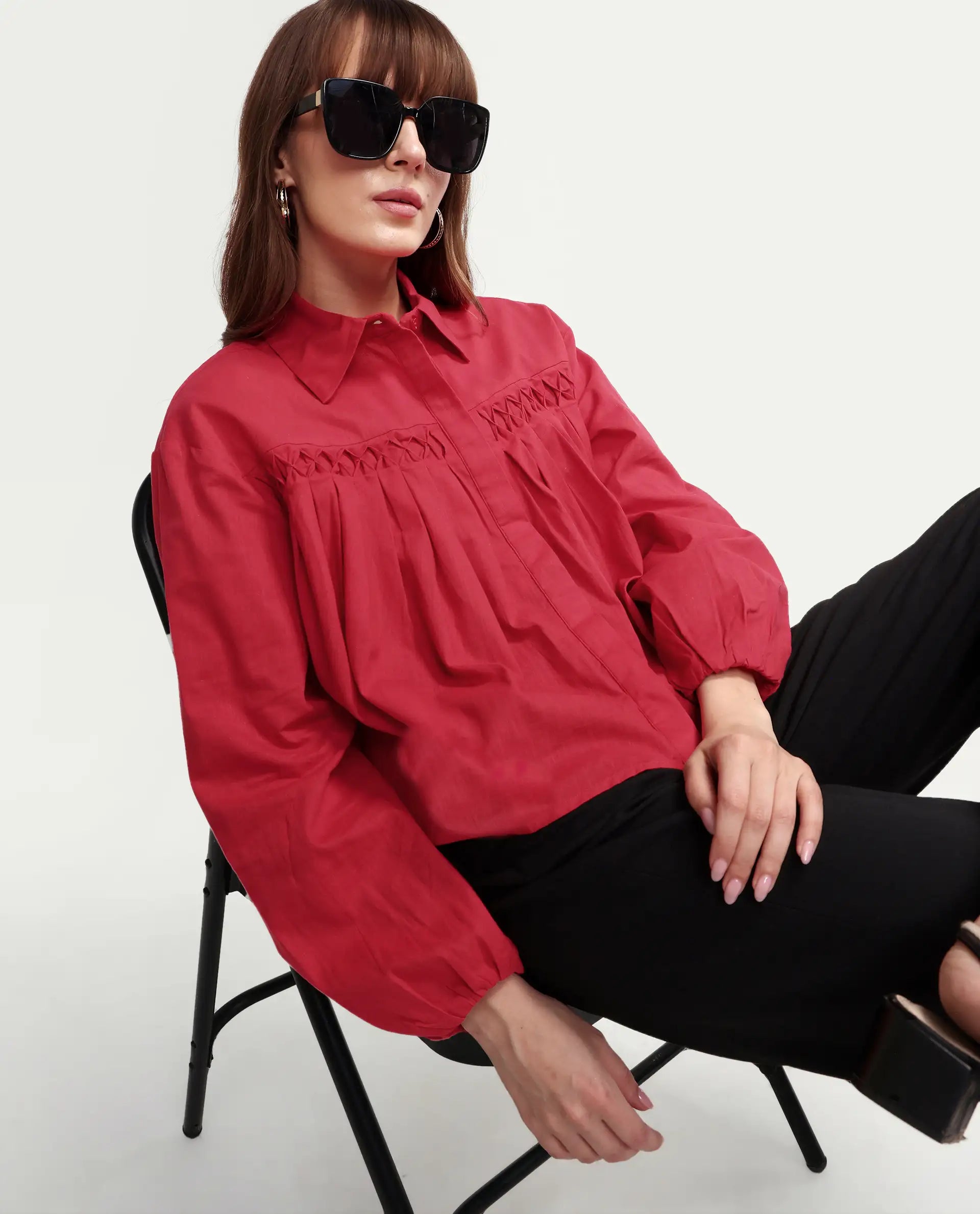 Rareism Women's Aveny Red Cotton Full Sleeve Boxy Plain Shirt