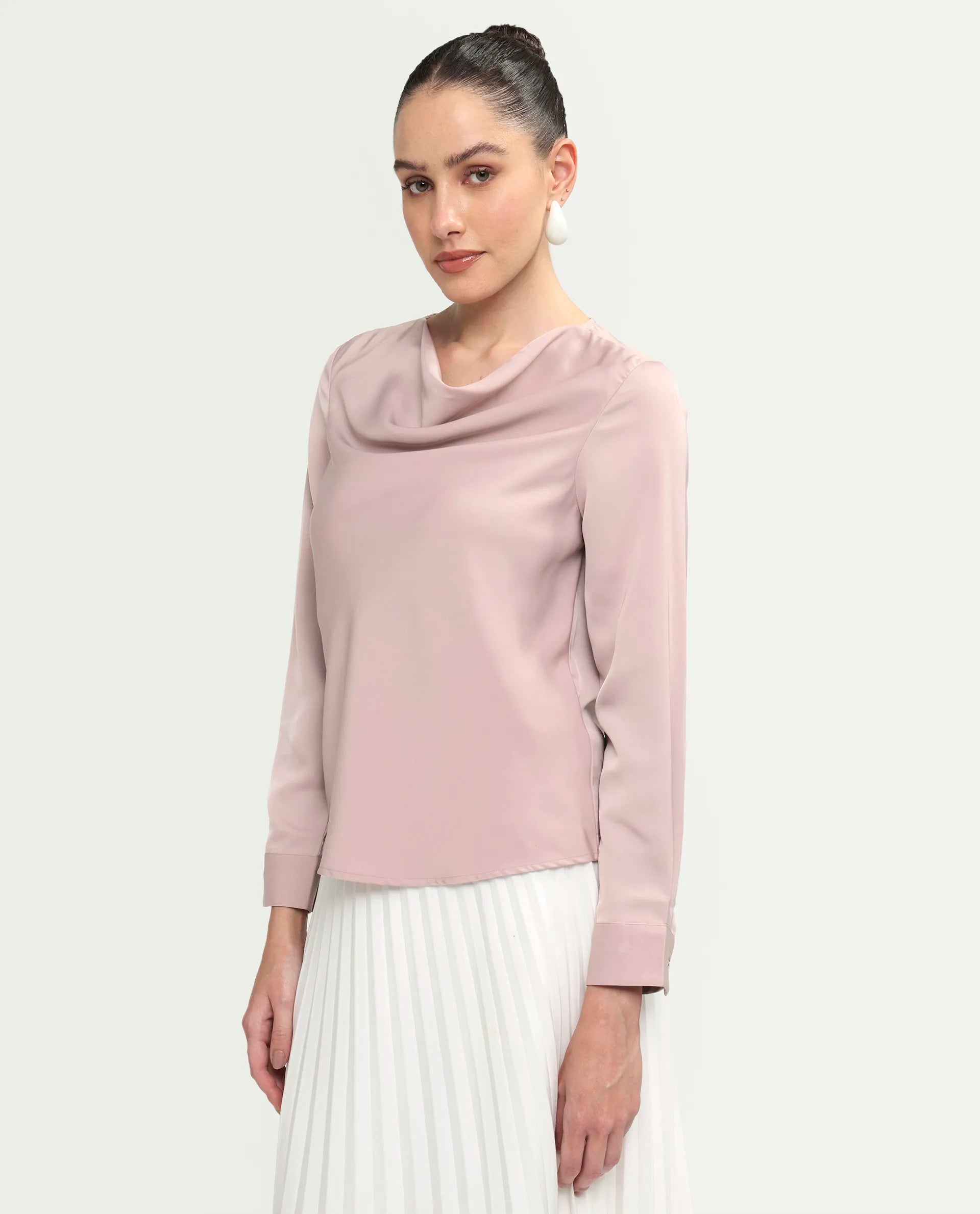 Rareism Women's Avier Dusky Pink Polyester Full Sleeve Cowl Neck Regular Fit Plain Top