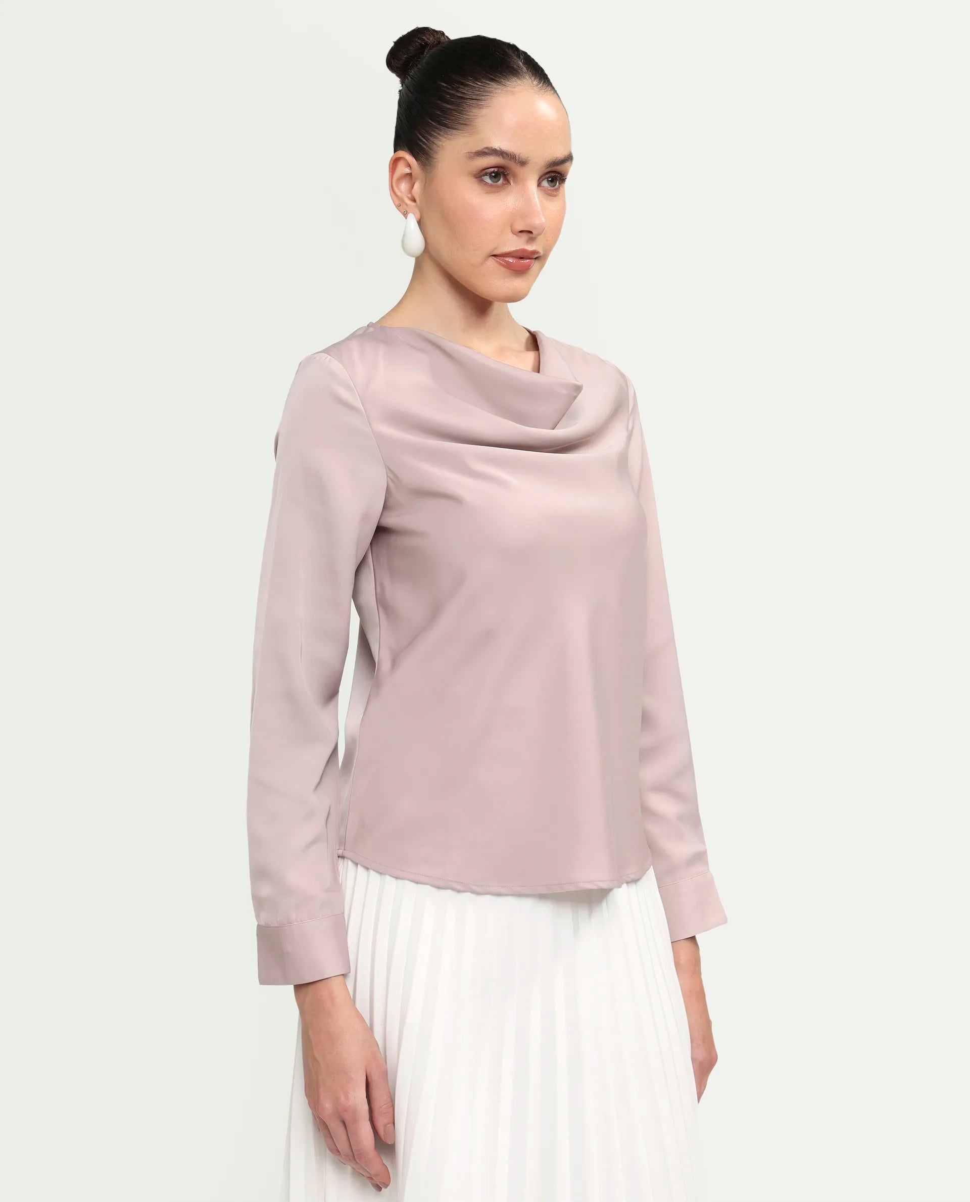 Rareism Women's Avier Dusky Pink Polyester Full Sleeve Cowl Neck Regular Fit Plain Top
