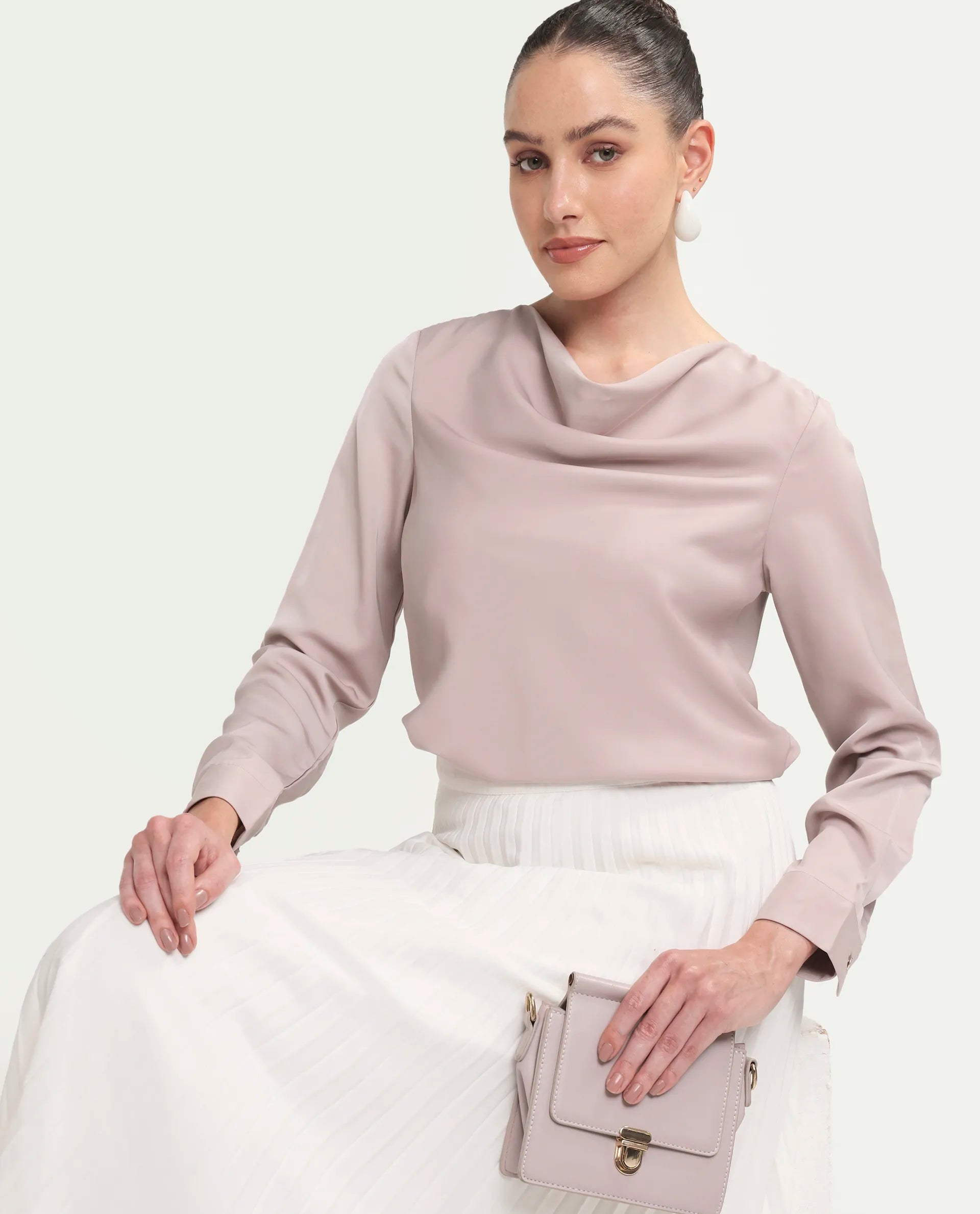 Rareism Women's Avier Dusky Pink Polyester Full Sleeve Cowl Neck Regular Fit Plain Top