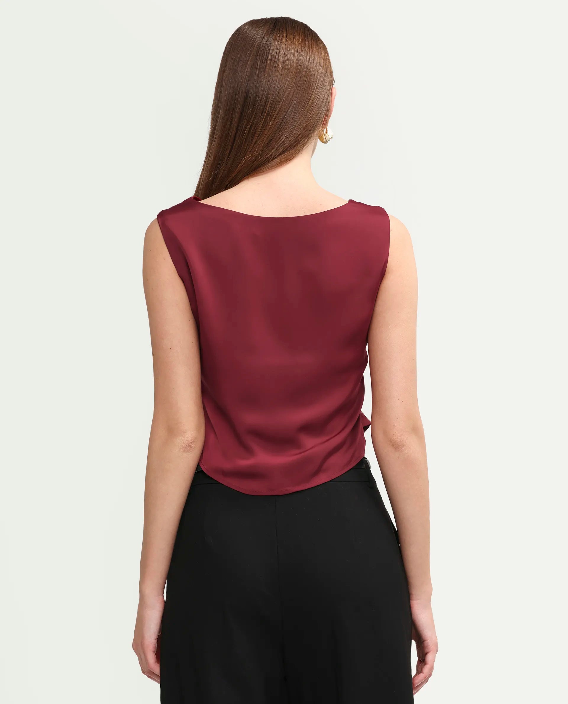 Rareism Women's Avini Dark Red Polyester Sleeveless Fitted Plain Top