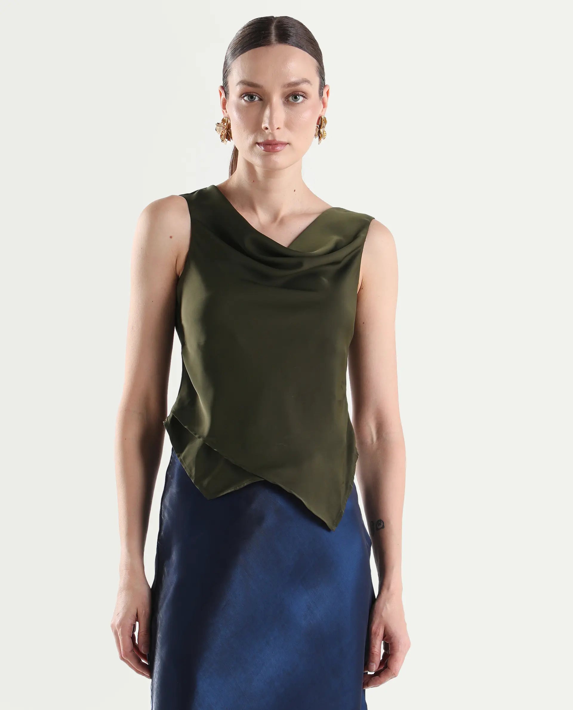 Rareism Women's Avini Olive Polyester Sleeveless Fitted Plain Top