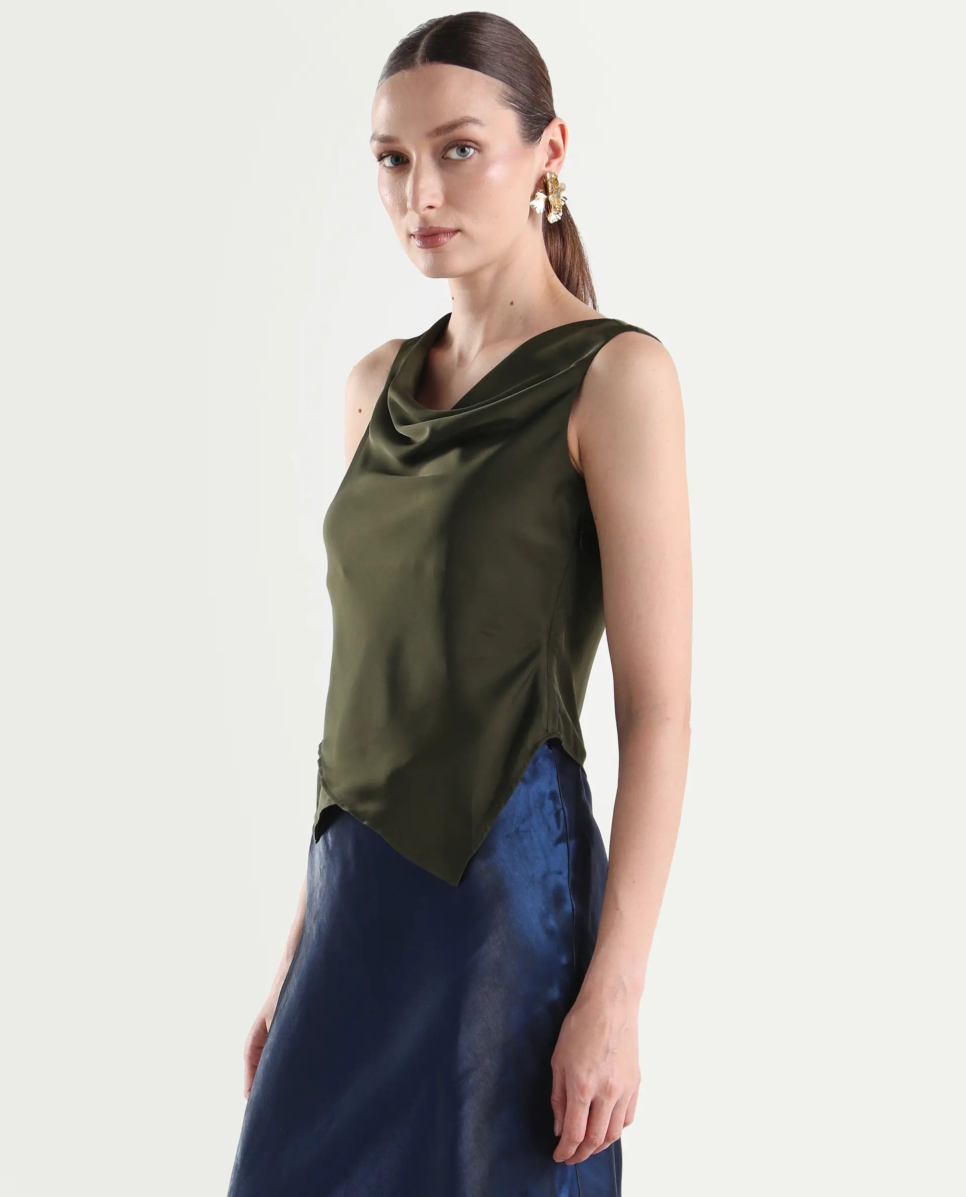 Rareism Women's Avini Olive Polyester Sleeveless Fitted Plain Top