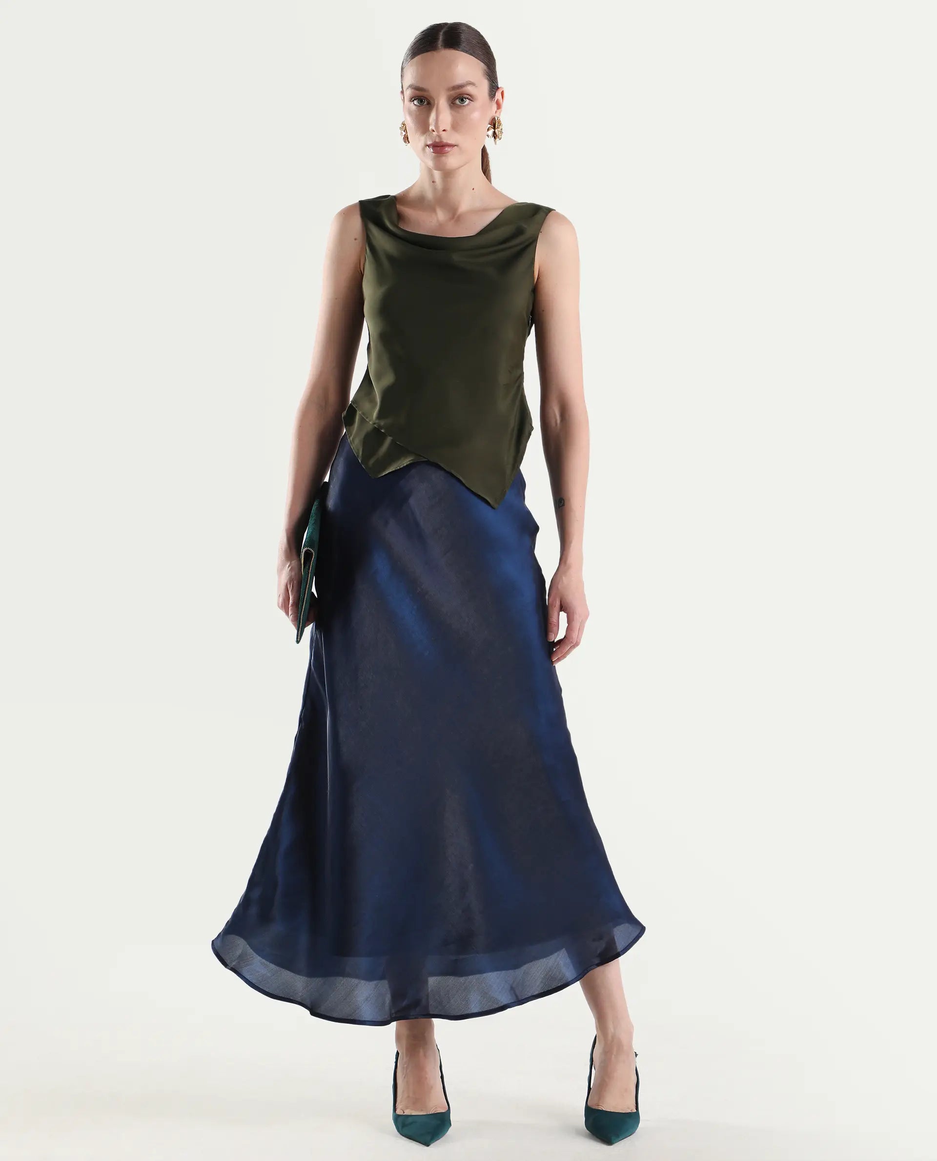 Rareism Women's Avini Olive Polyester Sleeveless Fitted Plain Top