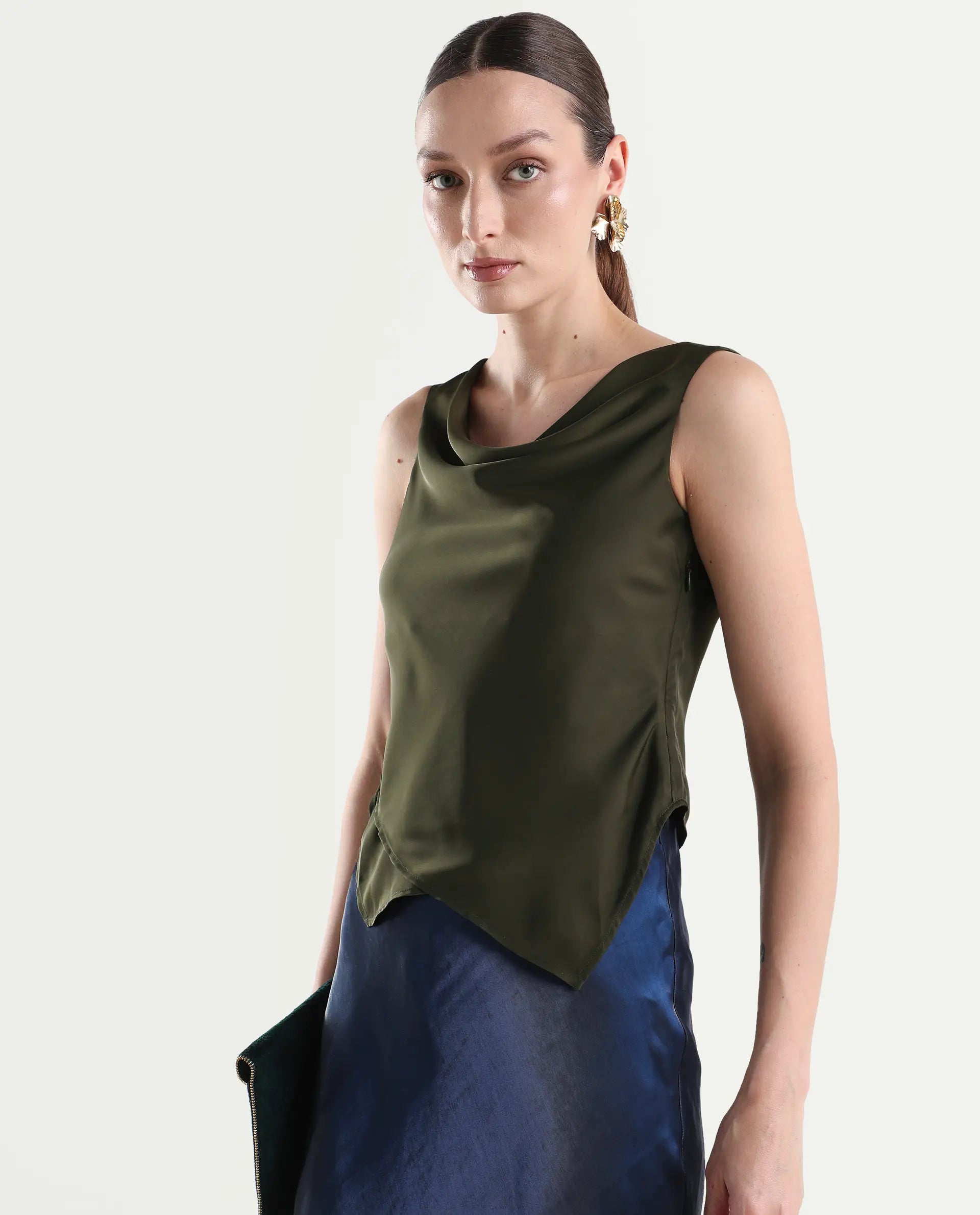 Rareism Women's Avini Olive Polyester Sleeveless Fitted Plain Top