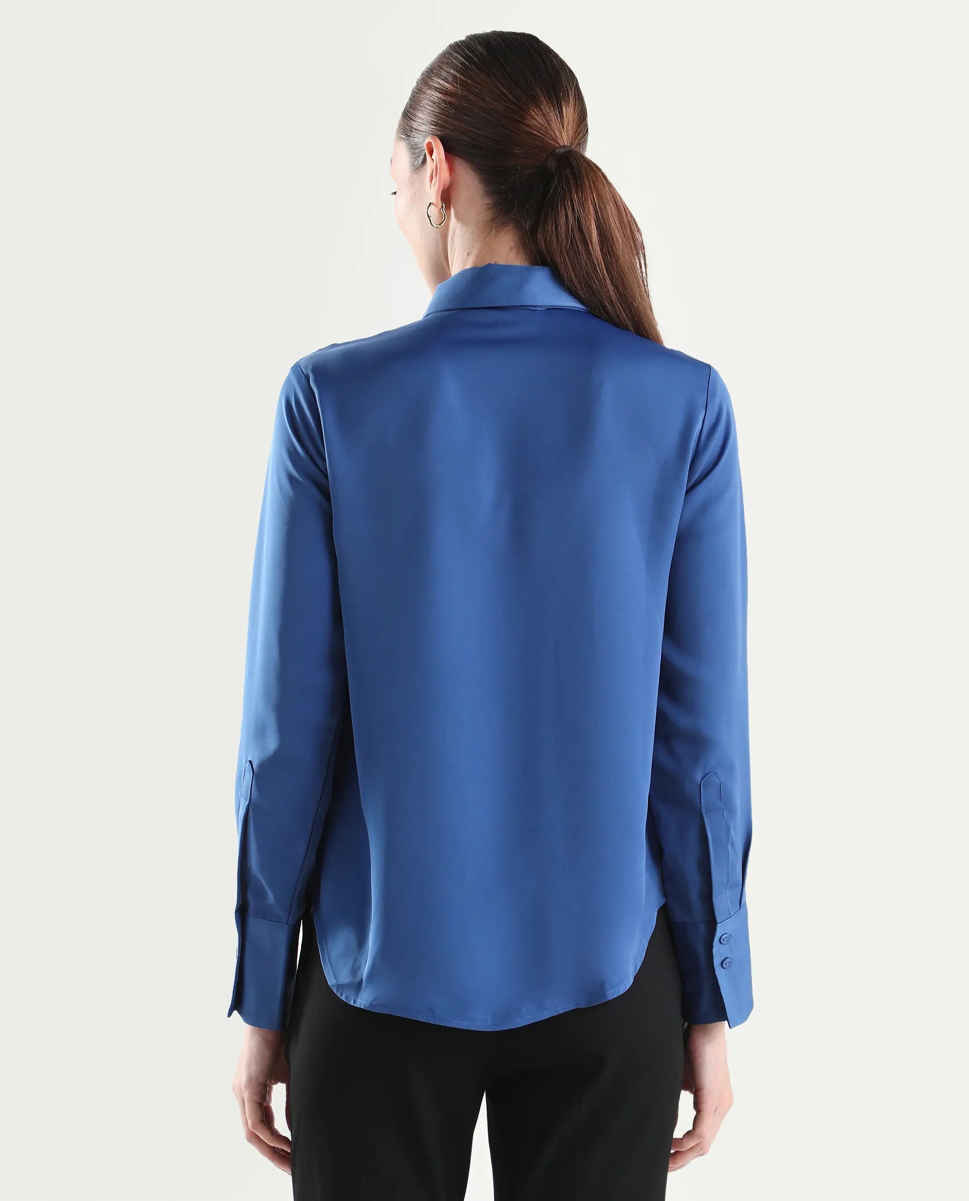 Rareism Women's Aviol Blue Polyester Full Sleeve Regular Fit Plain Top