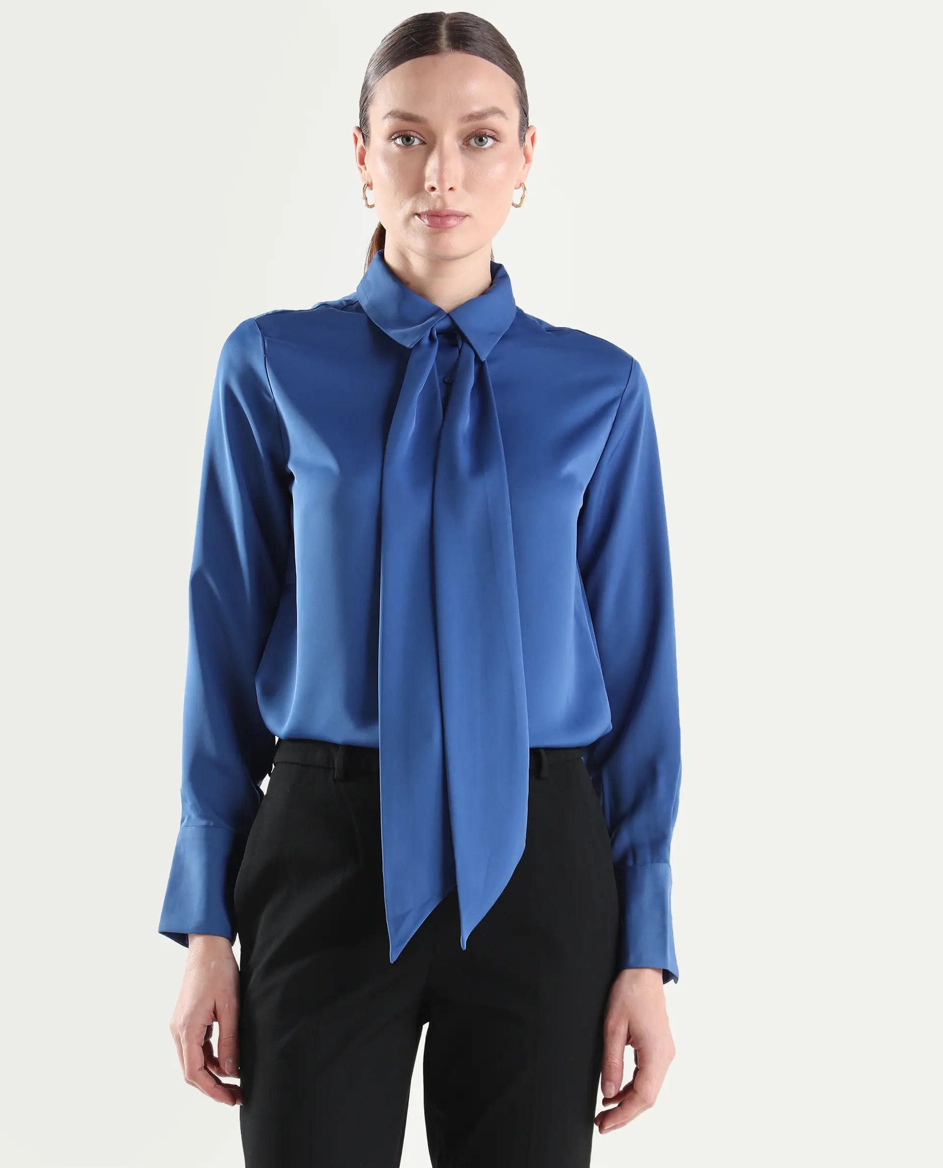 Rareism Women's Aviol Blue Polyester Full Sleeve Regular Fit Plain Top