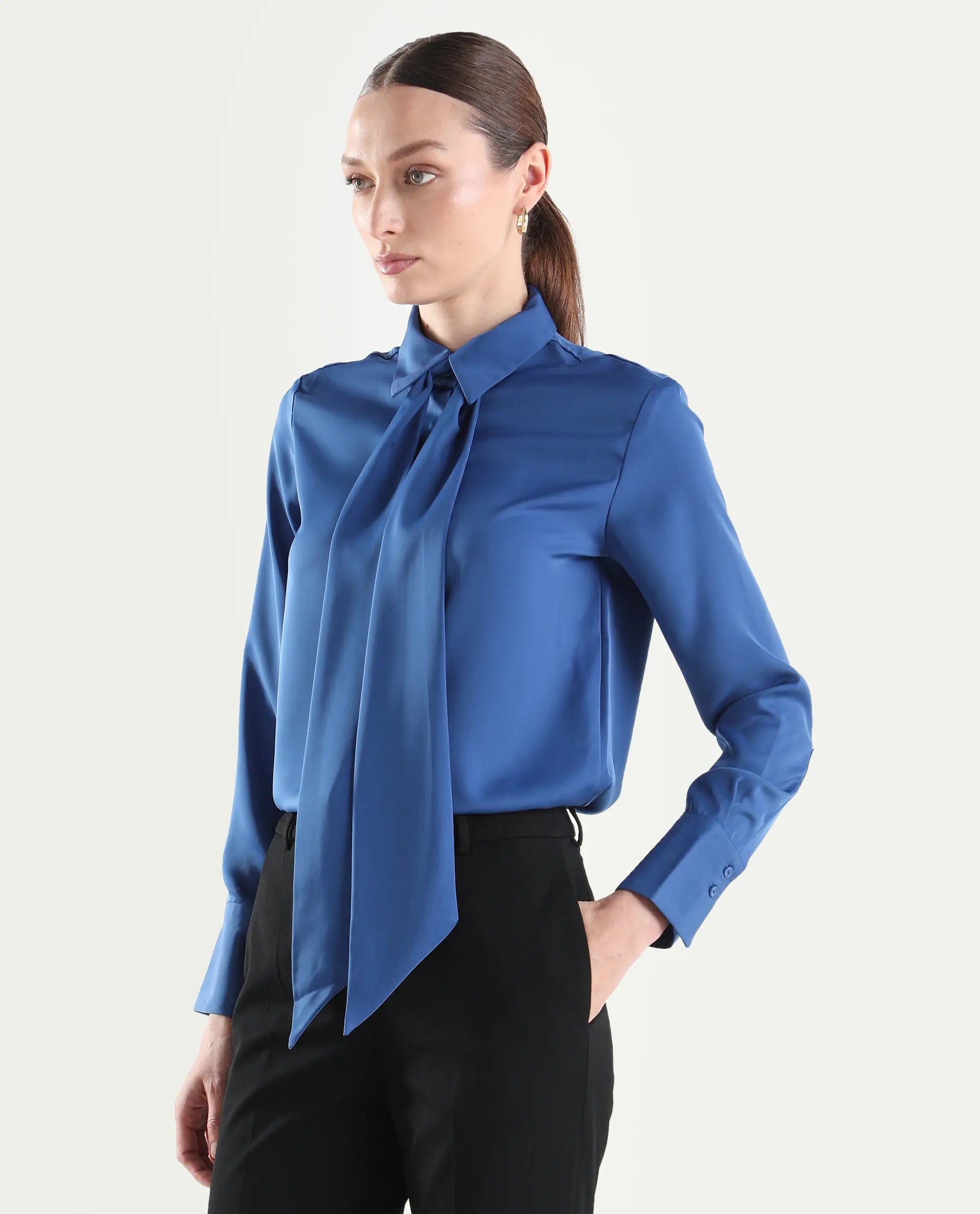 Rareism Women's Aviol Blue Polyester Full Sleeve Regular Fit Plain Top