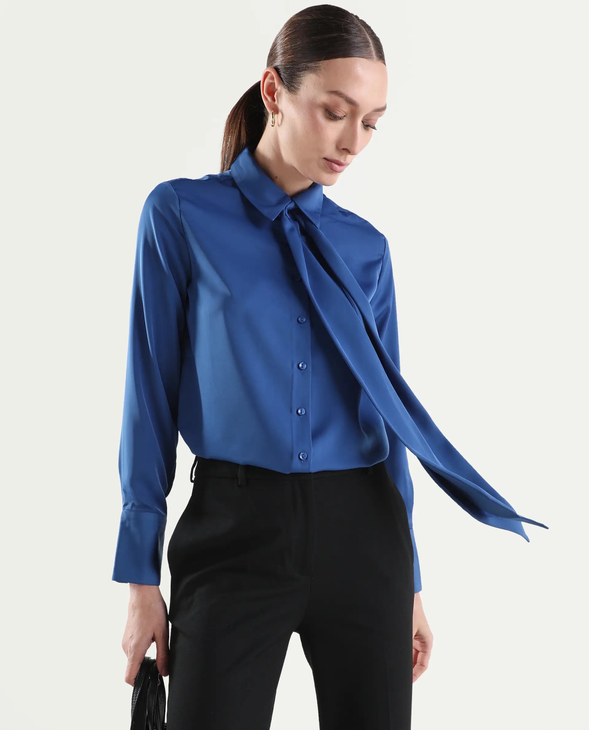 Rareism Women's Aviol Blue Polyester Full Sleeve Regular Fit Plain Top