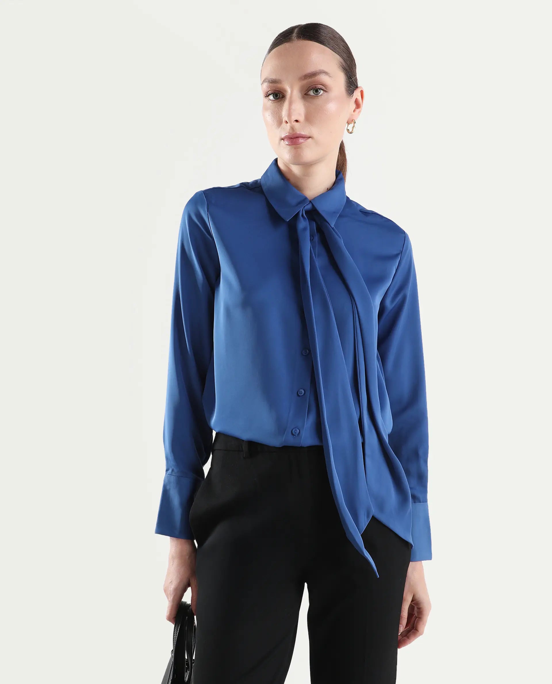 Rareism Women's Aviol Blue Polyester Full Sleeve Regular Fit Plain Top